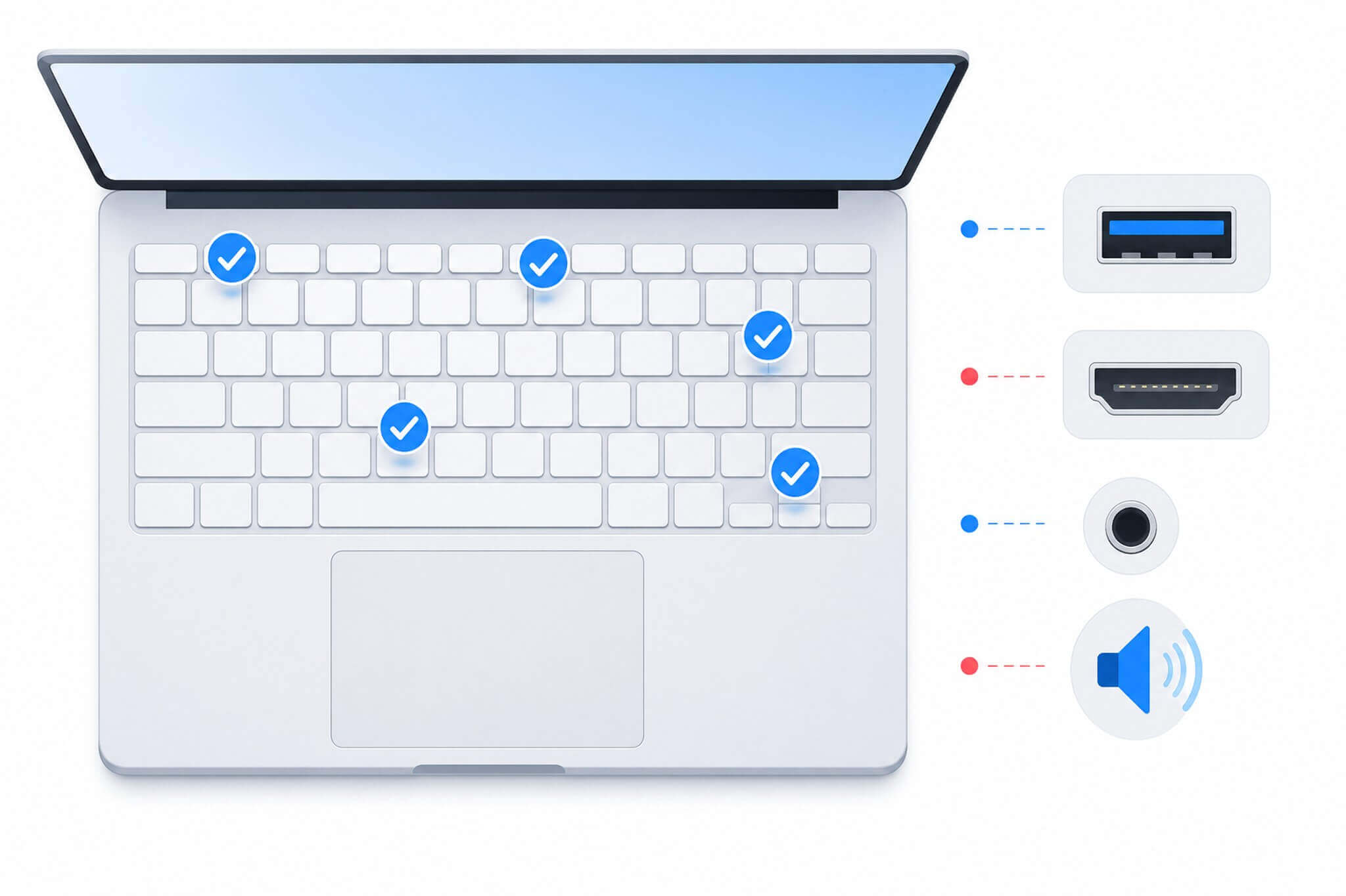 Kiểm tra bàn phím, touchpad và cổng kết nối