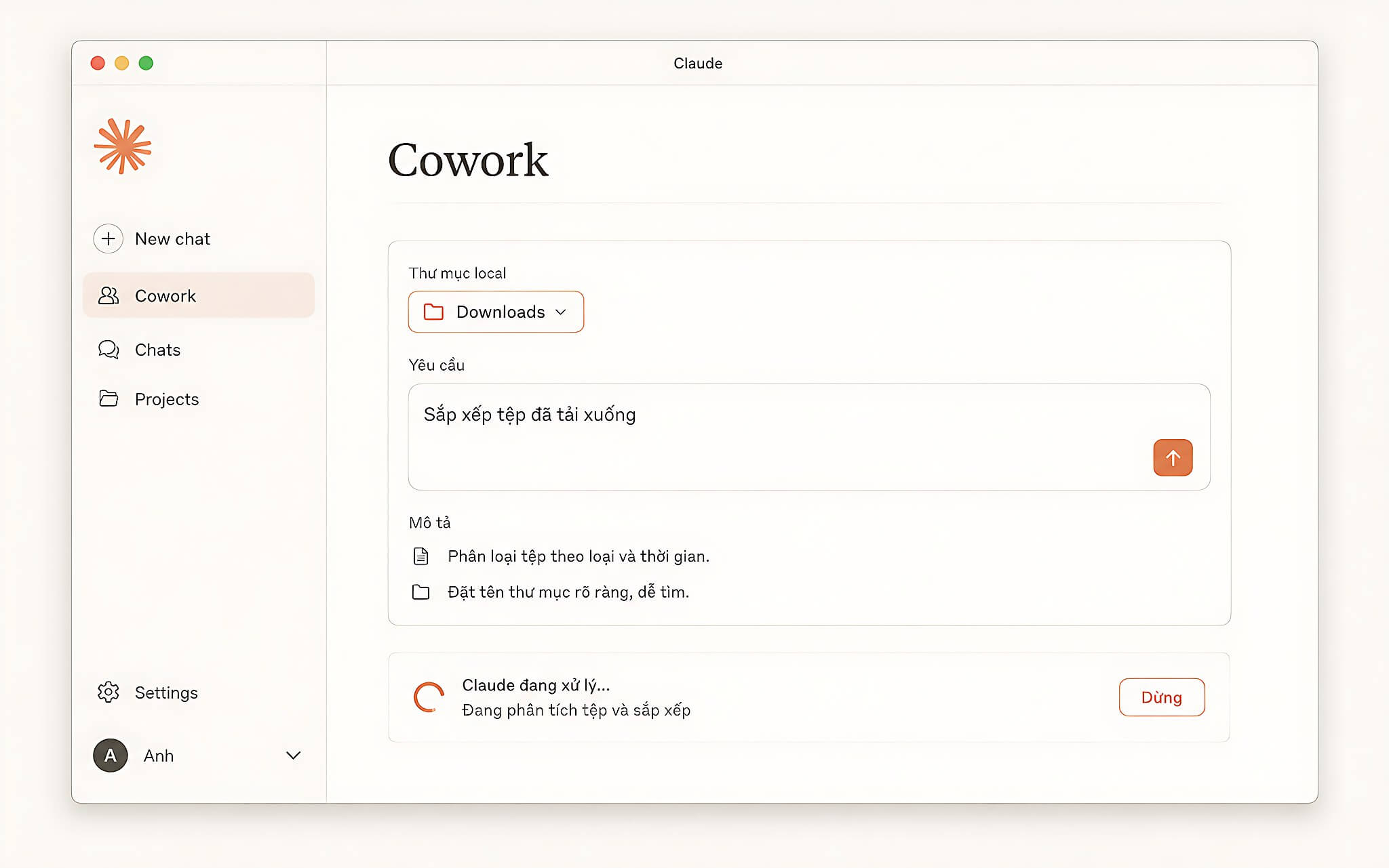 Claude Cowork chọn thư mục cục bộ và nhận yêu cầu sắp xếp file trong ứng dụng Claude