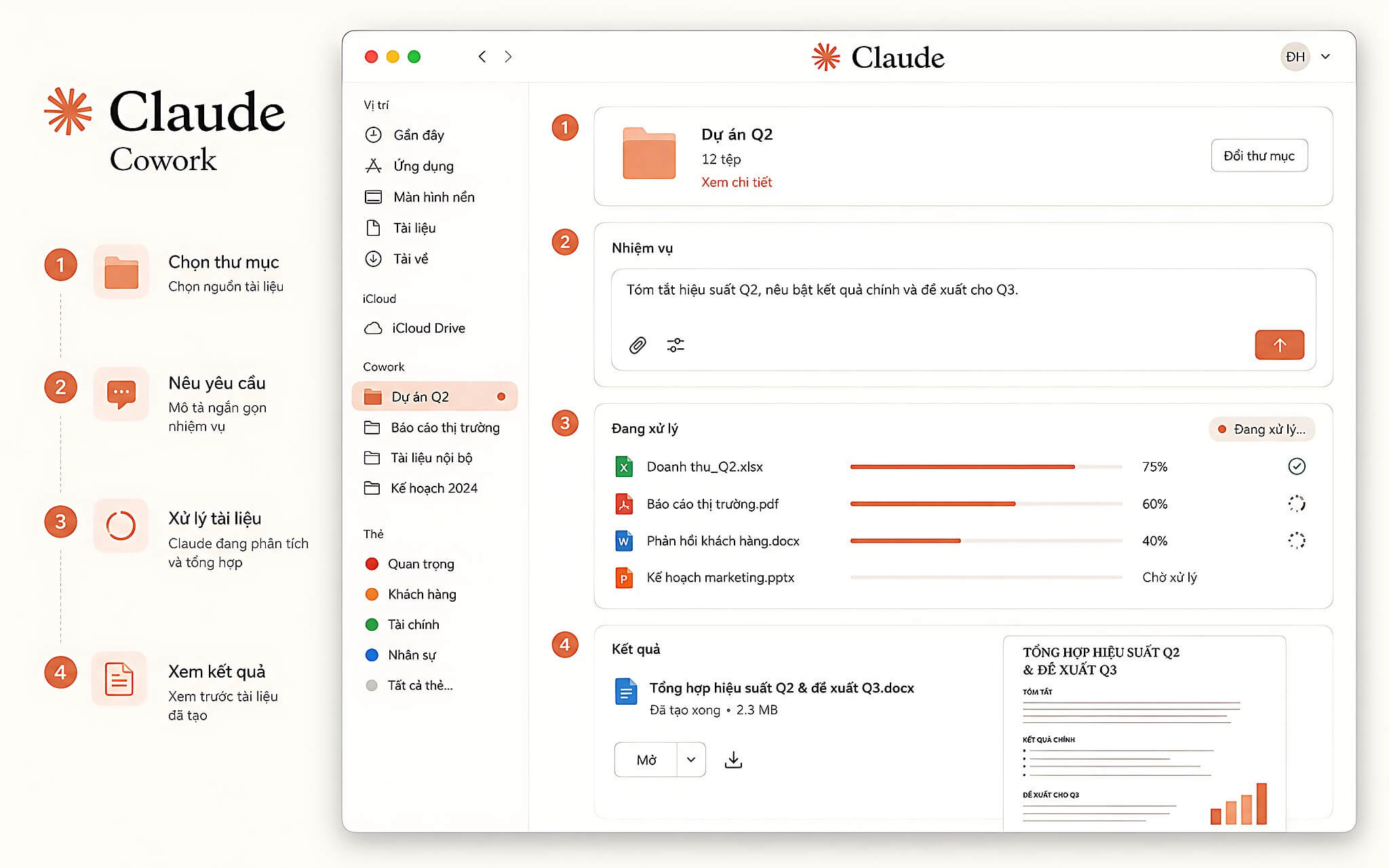 Claude Cowork chạy trên macOS và Windows với thư mục được chia sẻ và tiến trình xử lý file
