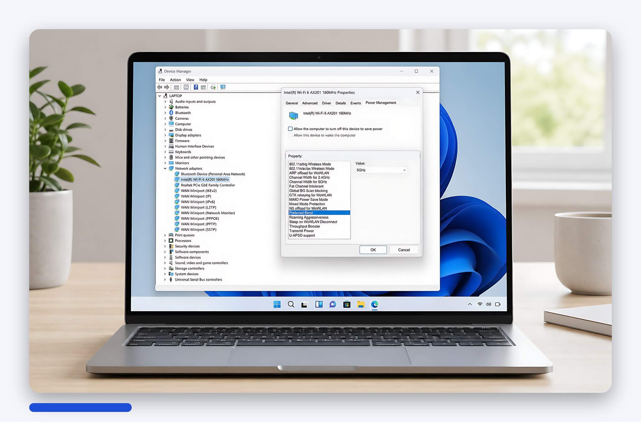 Thiết lập tiết kiệm pin và băng tần ưu tiên của card Wi-Fi trong Device Manager