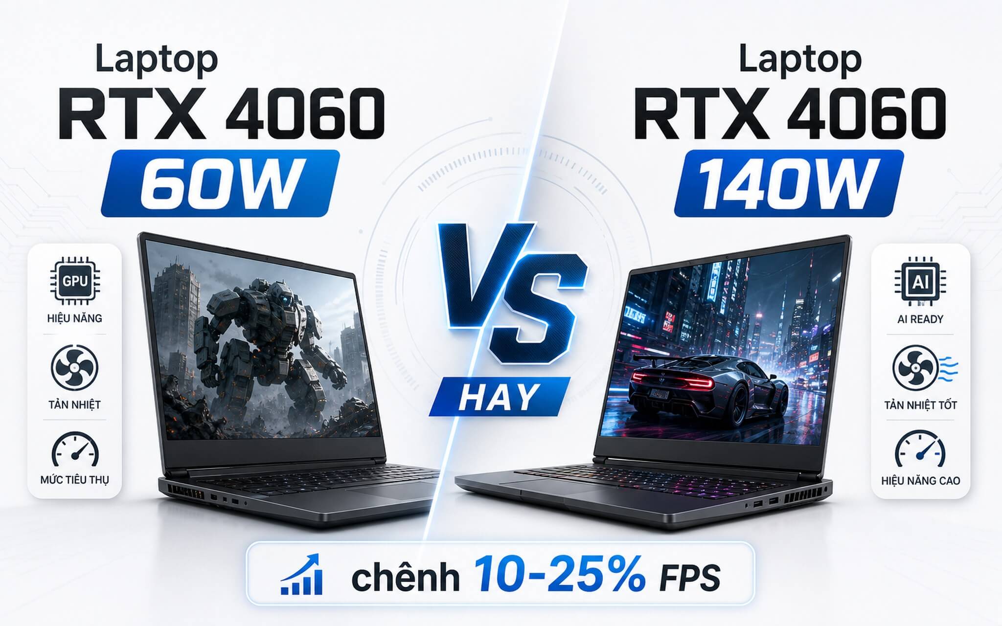 Hai laptop RTX 4060 bản 60W và 140W chênh 10-25% FPS