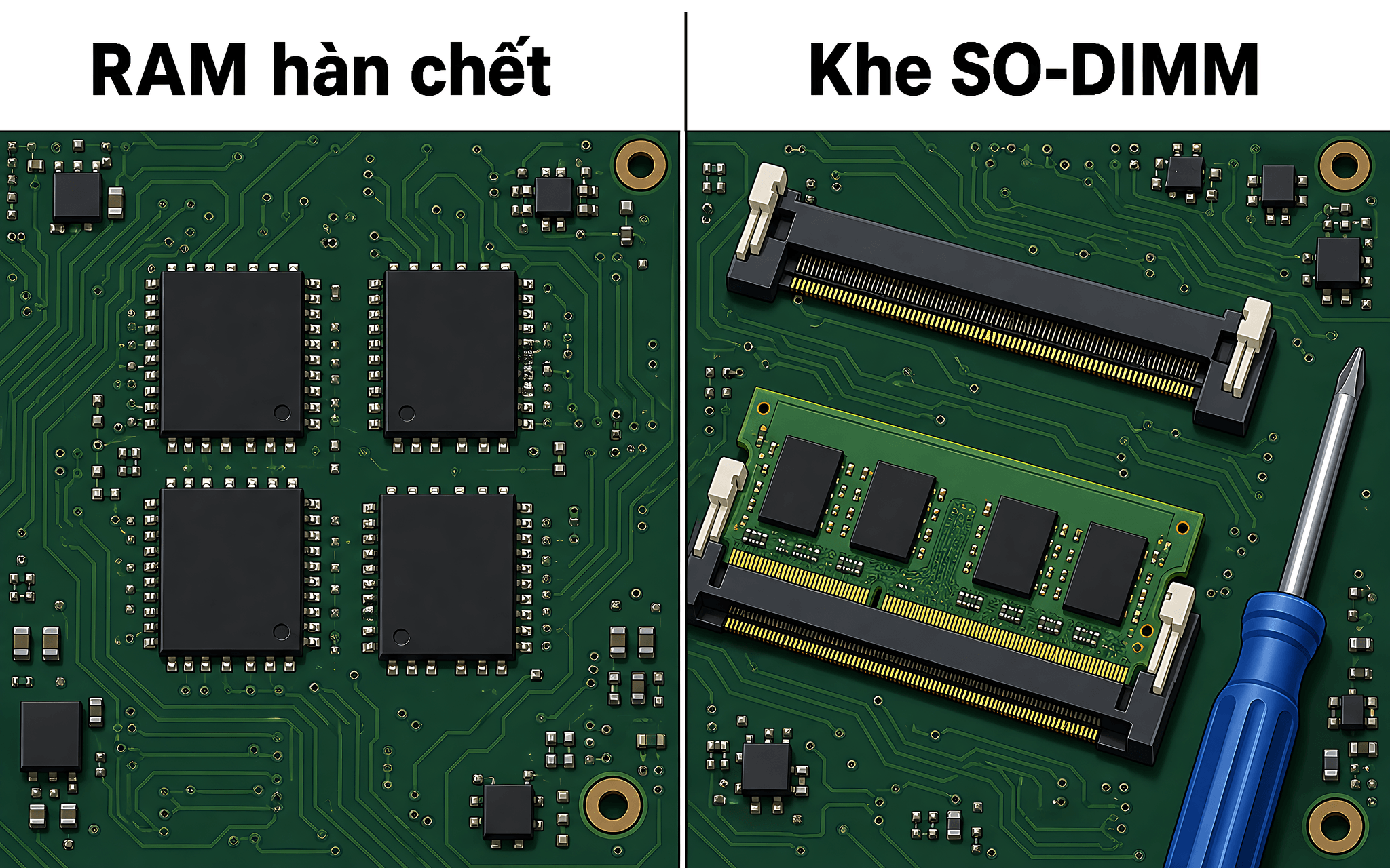 RAM hàn chết trên laptop văn phòng khiến 8GB hết đường nâng cấp RAM hàn chết trên laptop văn phòng khiến 8GB hết đường nâng cấp