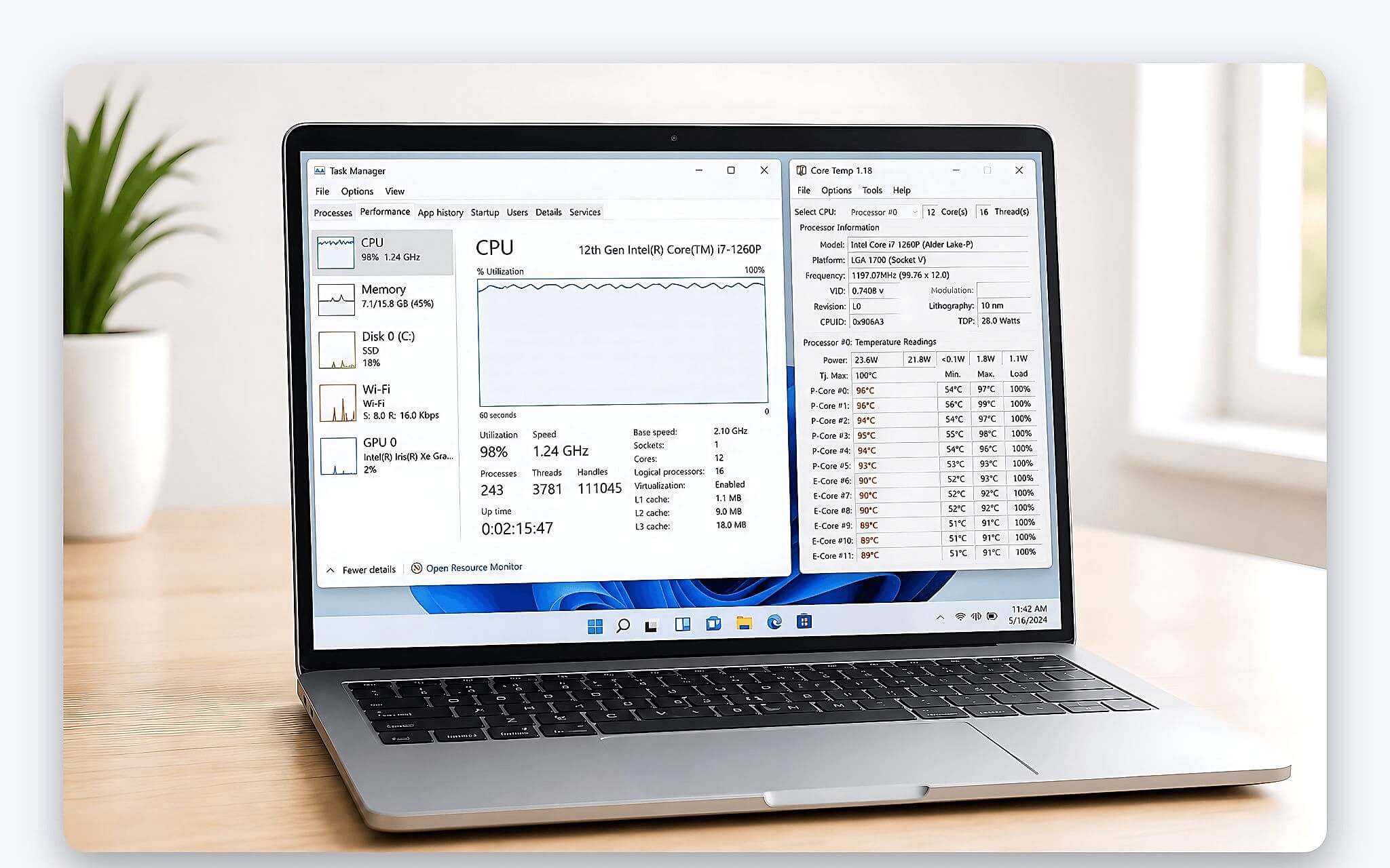 Biểu hiện xung nhịp sụt giảm khi laptop quá tải nhiệt độ