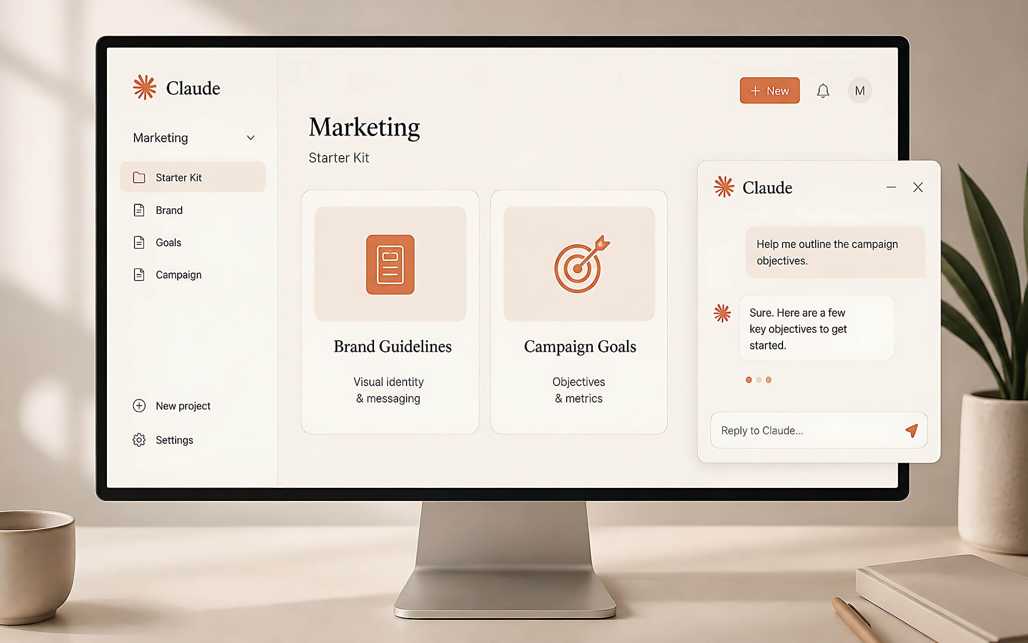 Claude AI workspace with a marketing project Starter Kit folder, brand guidelines and campaign goals visible o Claude AI workspace with a marketing project Starter Kit folder, brand guidelines and campaign goals visible o