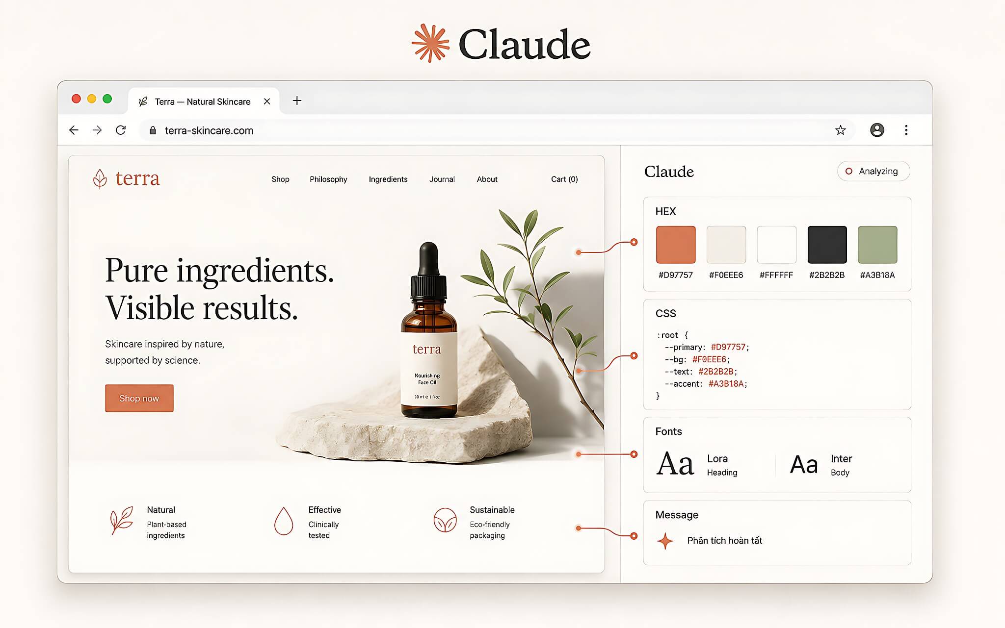 Claude analyzing a brand website in Chrome, showing HEX color codes, CSS, fonts and core messaging in a struct Claude analyzing a brand website in Chrome, showing HEX color codes, CSS, fonts and core messaging in a struct