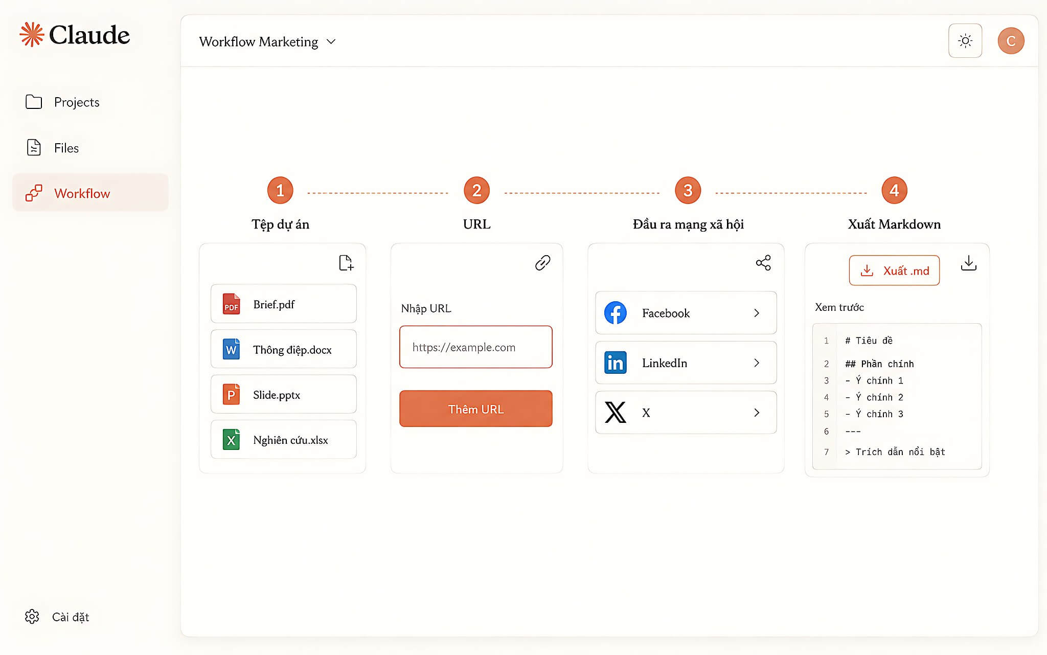 Step-by-step Claude marketing workflow setup with project files, URL input, social media output and Markdown e Step-by-step Claude marketing workflow setup with project files, URL input, social media output and Markdown e