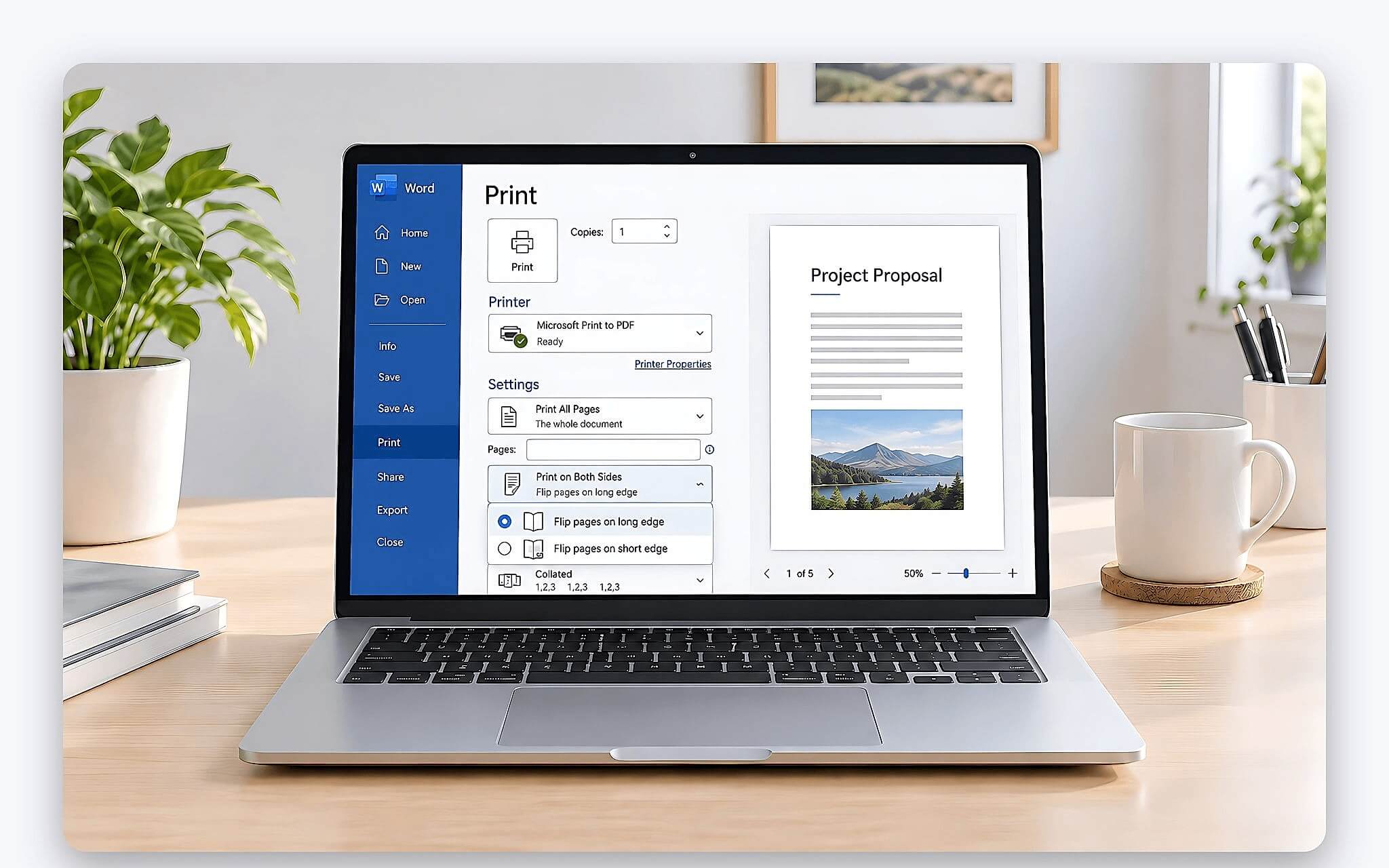 Giao diện lệnh Print trong Microsoft Word chọn Flip pages on long edge khi in 2 mặt