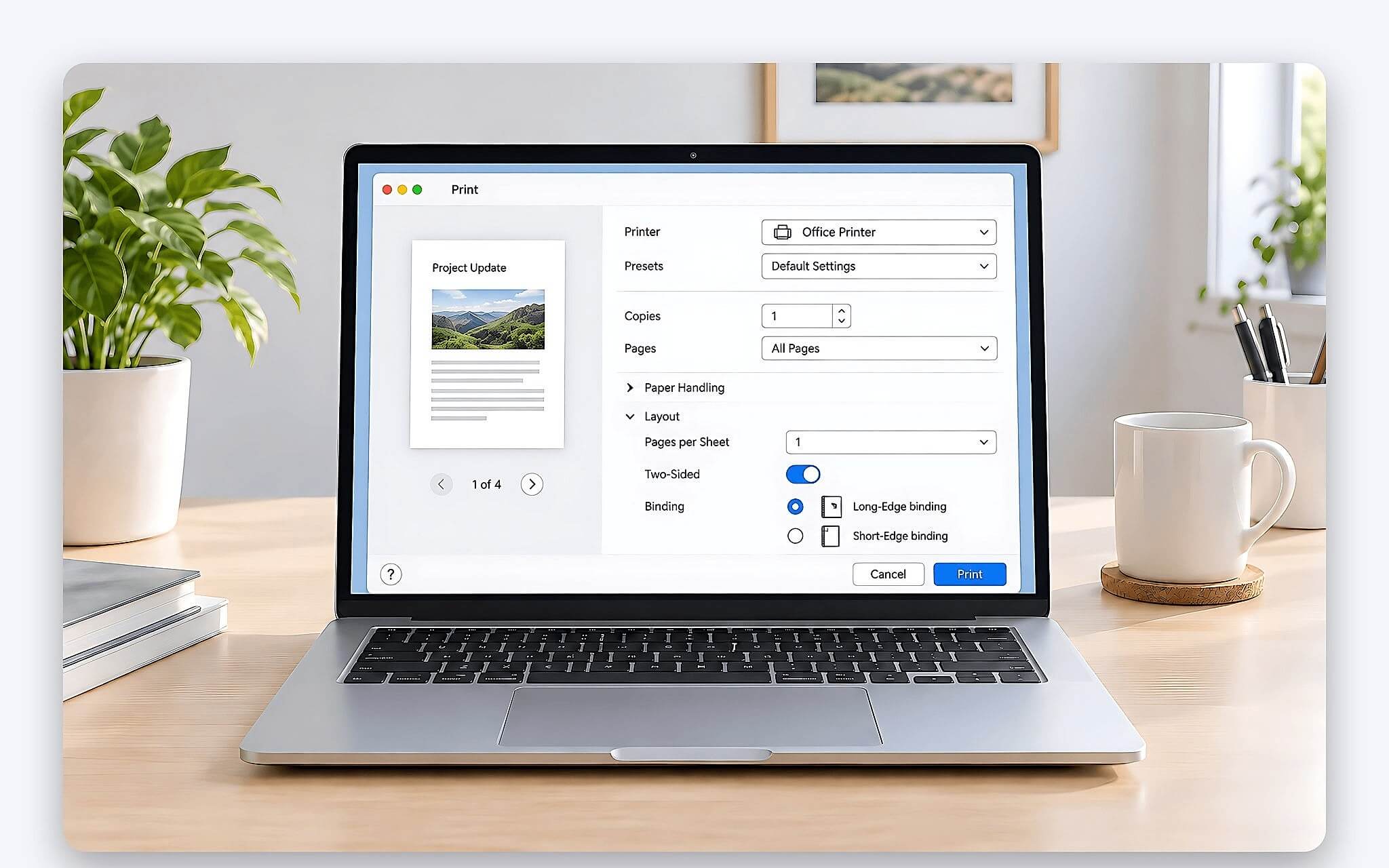 Bảng tùy chọn Two-Sided và Layout khi in 2 mặt trên hệ điều hành macOS