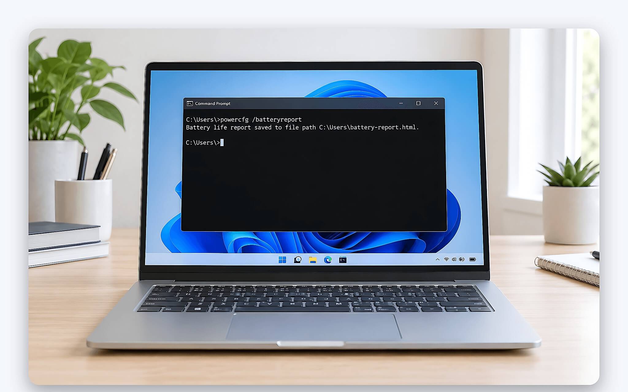 Giao diện dòng lệnh khởi tạo báo cáo kiểm tra pin laptop