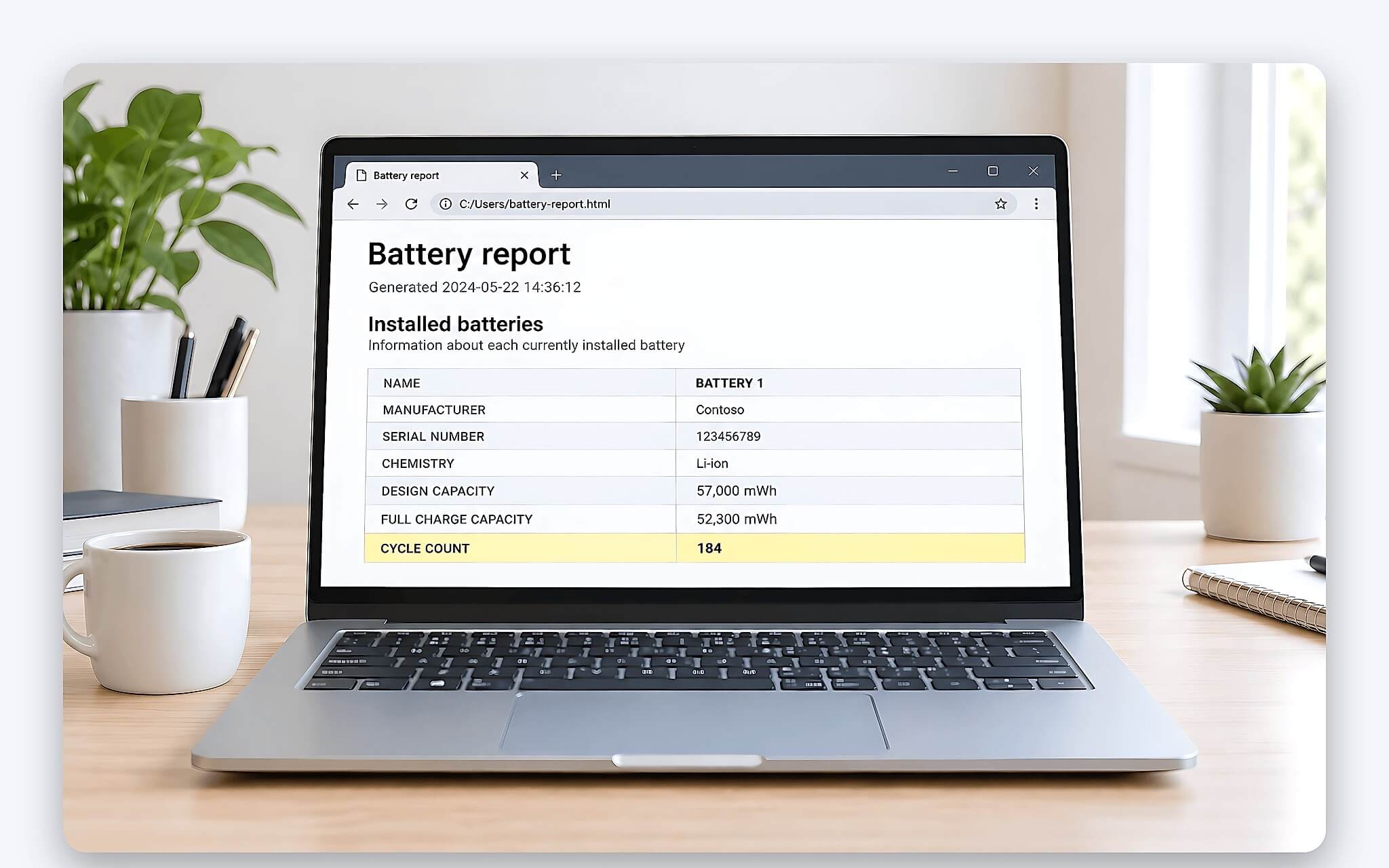 Biểu tượng chu kỳ sạc quanh viên pin laptop khi kiểm tra pin