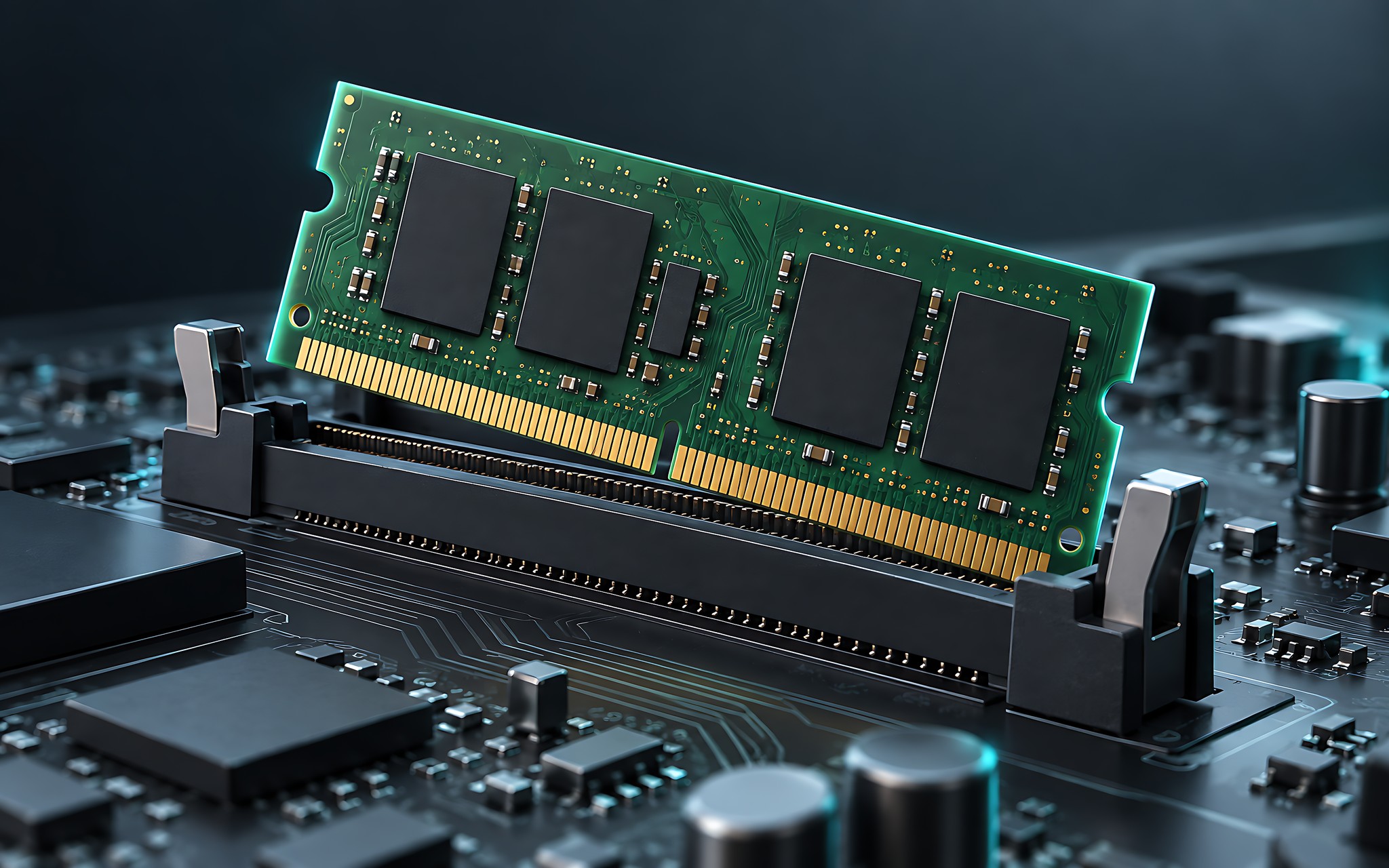 Minh hoạ trừu tượng thanh RAM và ổ SSD trên nền gradient, chủ đề nâng cấp RAM cho laptop