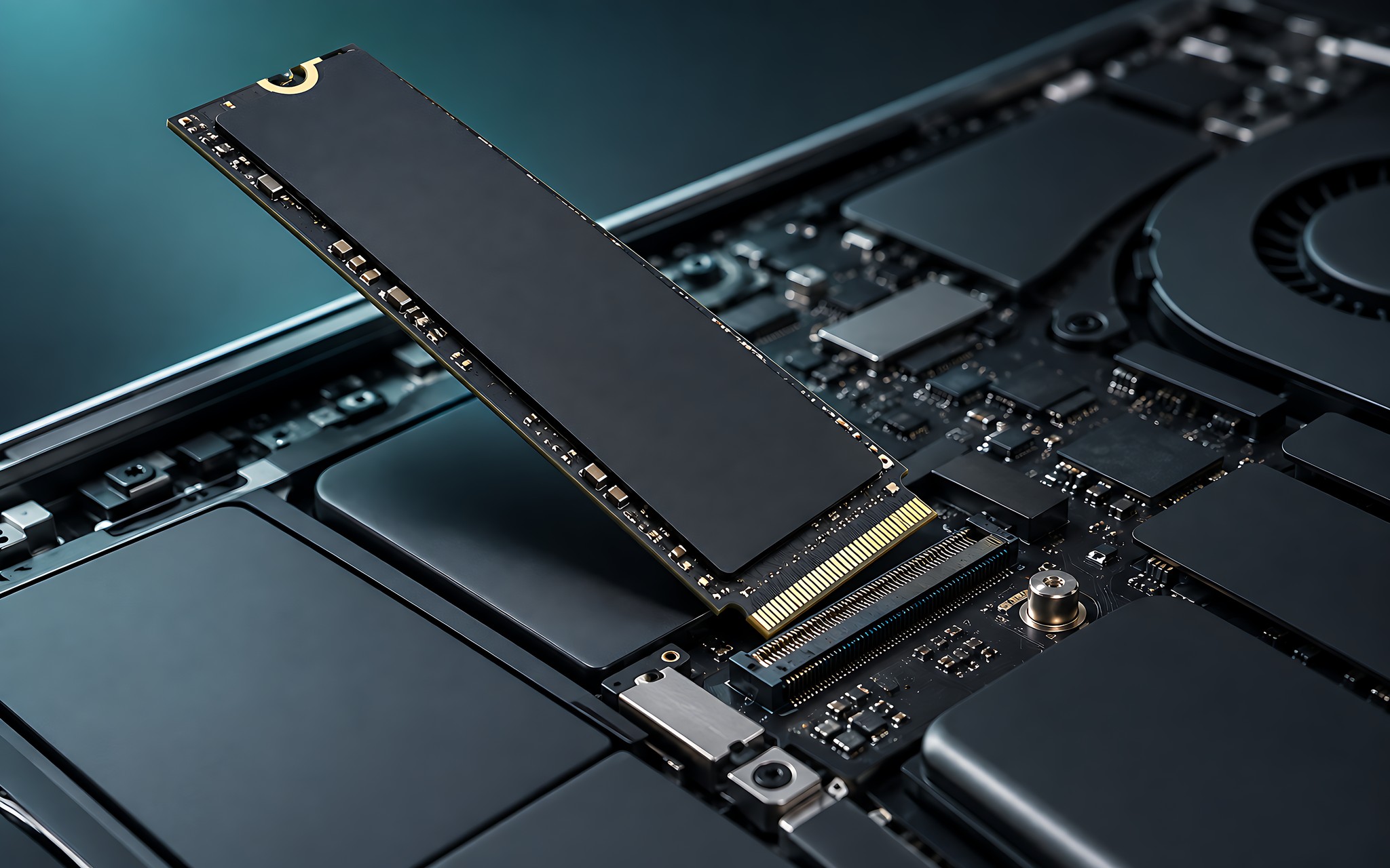 Minh hoạ khe cắm SSD M.2 và ổ lưu trữ cách điệu trên nền gradient tối, chủ đề nâng cấp lưu trữ laptop