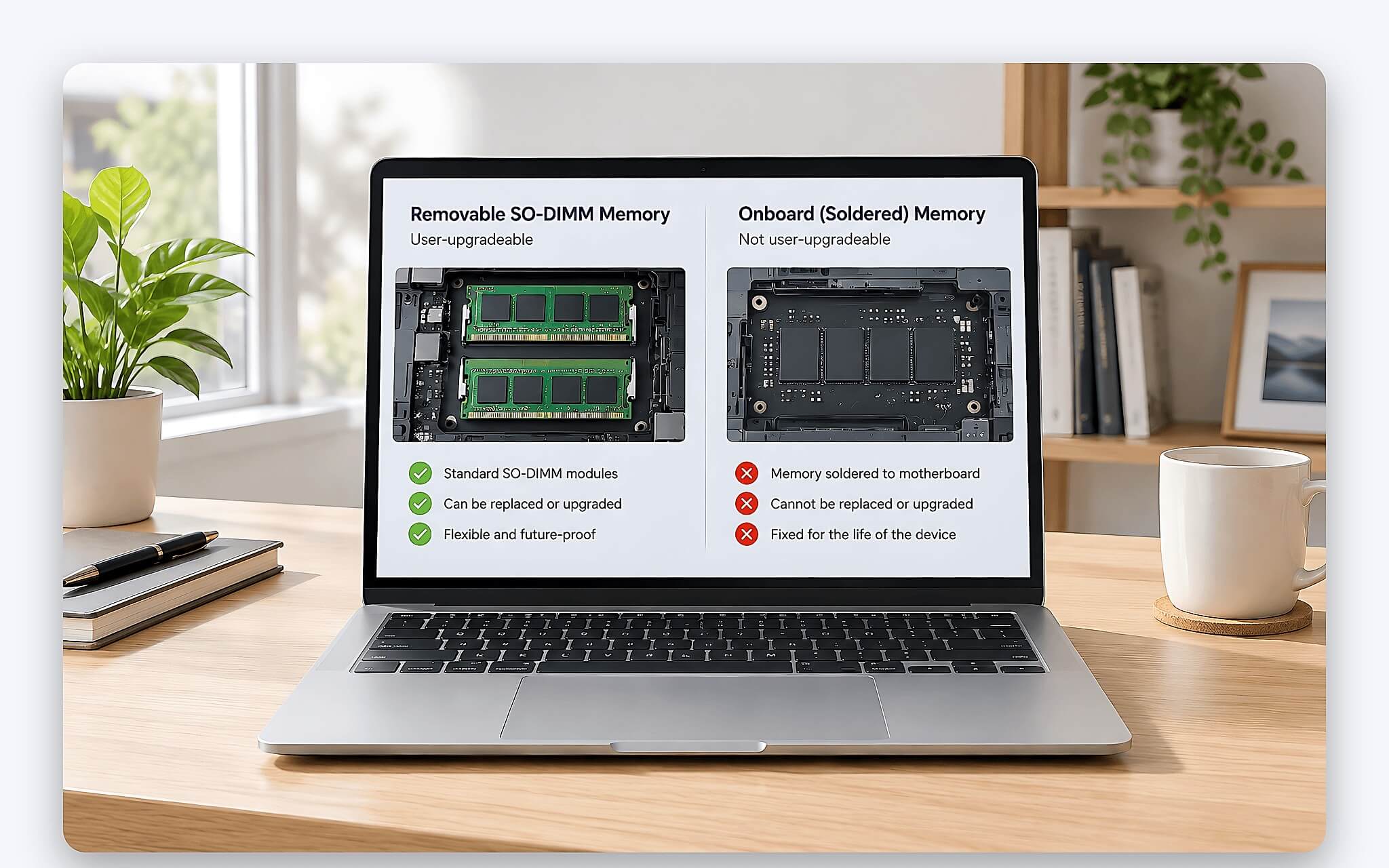 Minh hoạ trừu tượng thanh RAM và ổ SSD trên nền gradient, chủ đề nâng cấp RAM cho laptop