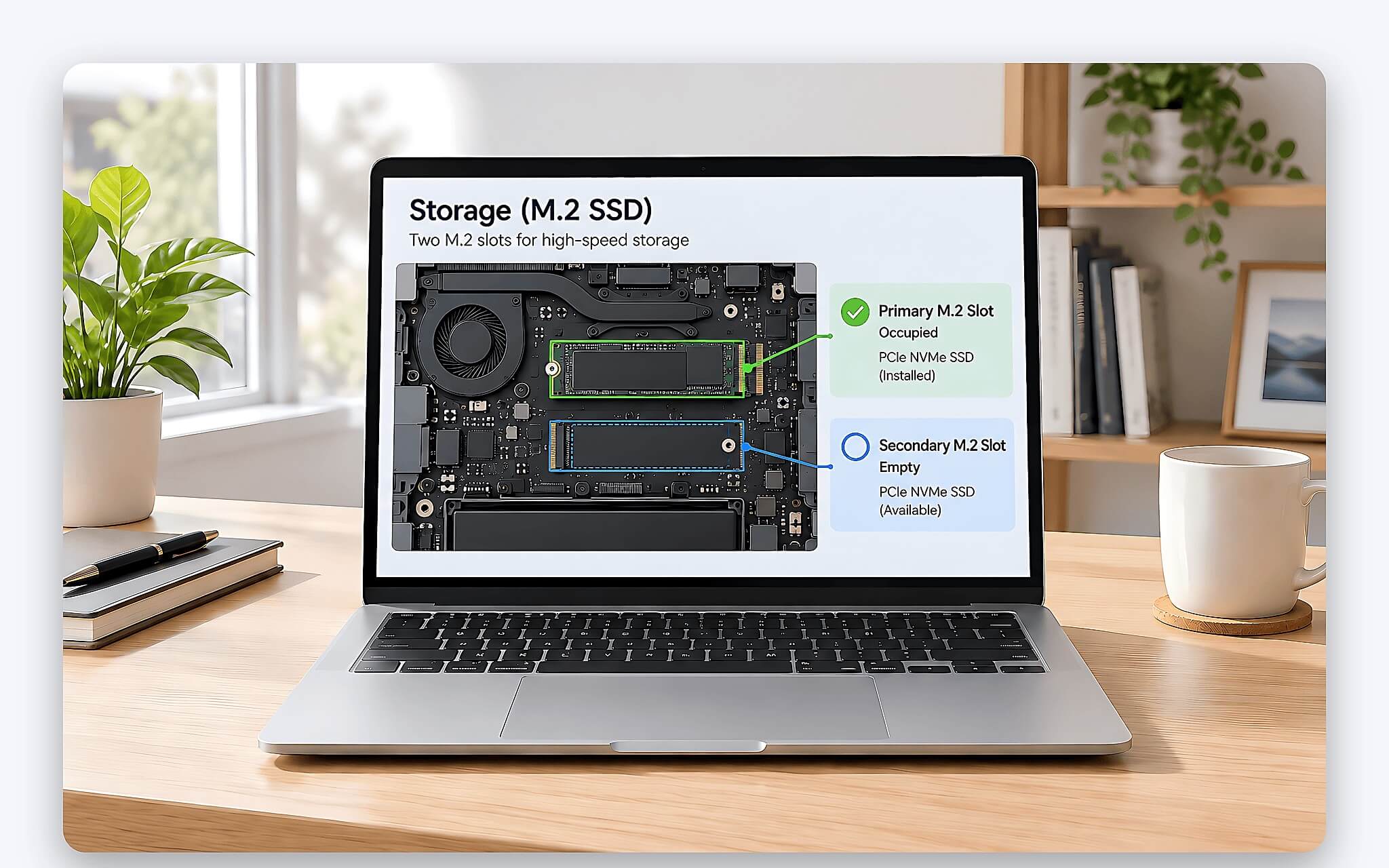 Minh hoạ khe cắm SSD M.2 và ổ lưu trữ cách điệu trên nền gradient tối, chủ đề nâng cấp lưu trữ laptop