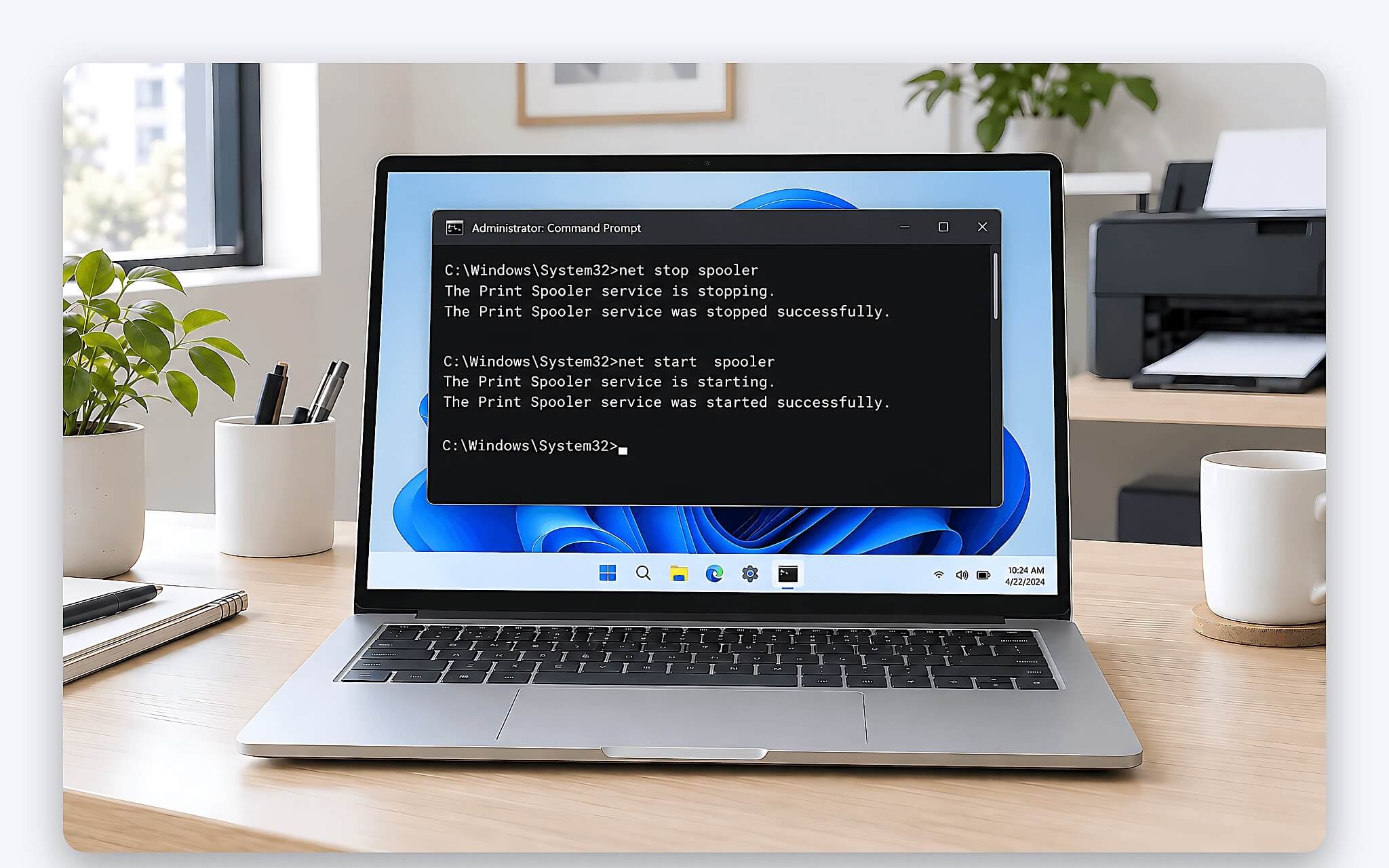 Xử lý bằng dòng lệnh net stop spooler và PowerShell Remove-PrintJob