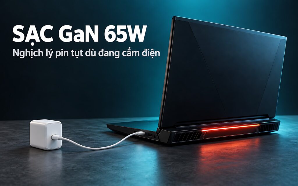Sạc GaN 65W và nghịch lý pin tụt dù đang cắm điện trên laptop gaming