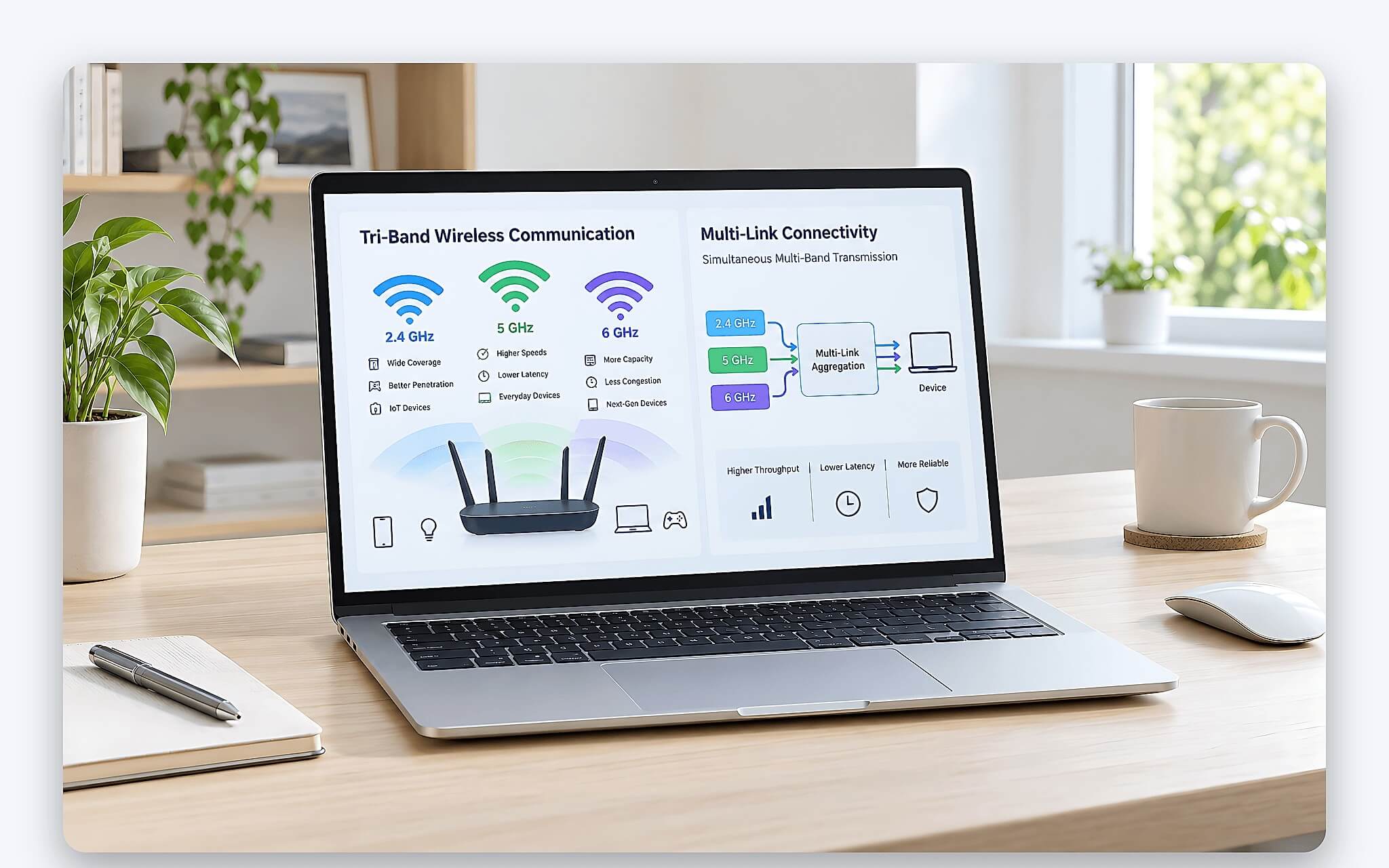 Wi-Fi 7 kế thừa ba băng tần 2,4 GHz, 5 GHz và 6 GHz với kênh rộng tối đa 320 MHz