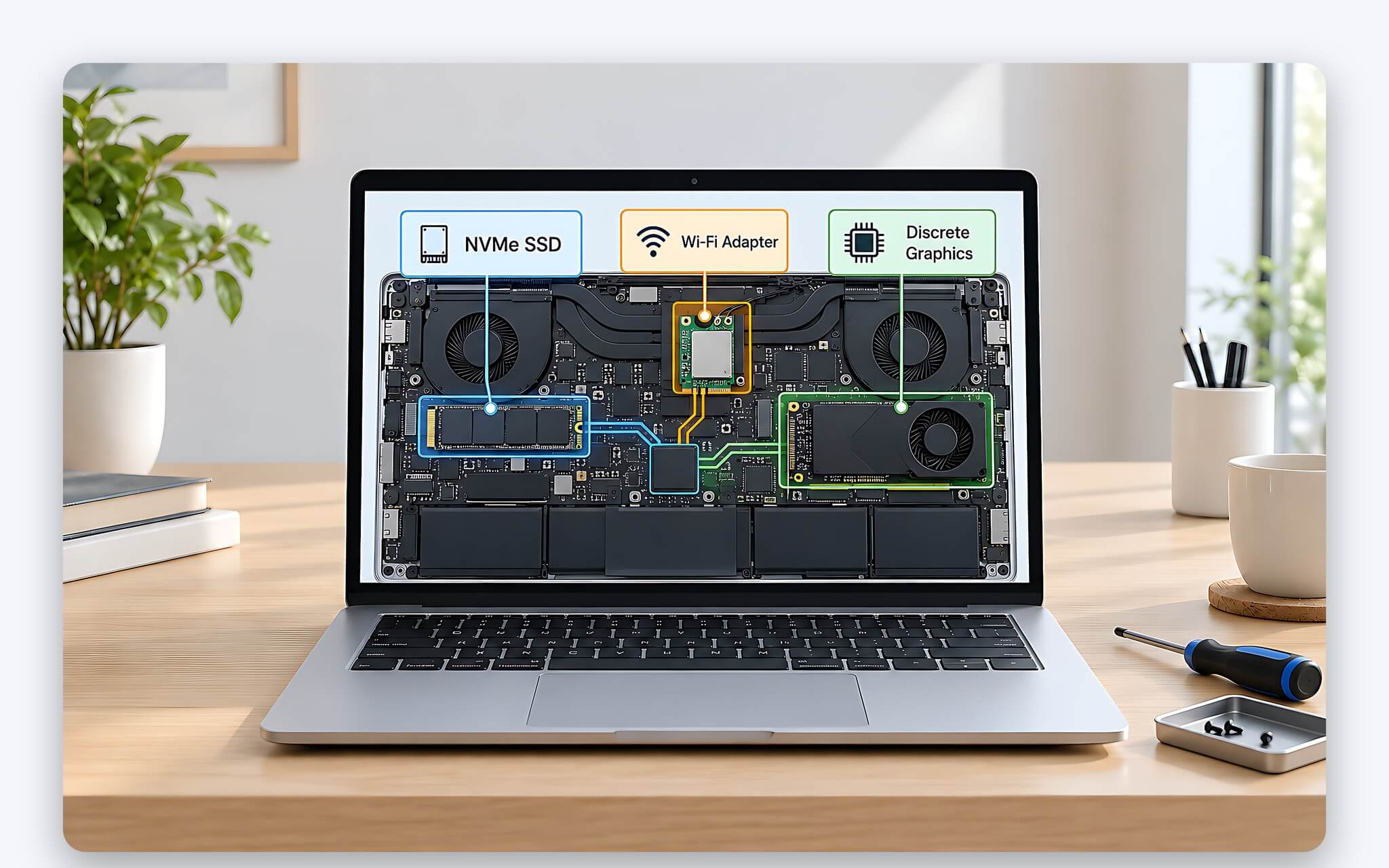 Ổ SSD NVMe và card Wi-Fi M.2 trên bo mạch laptop là các linh kiện dùng ASPM