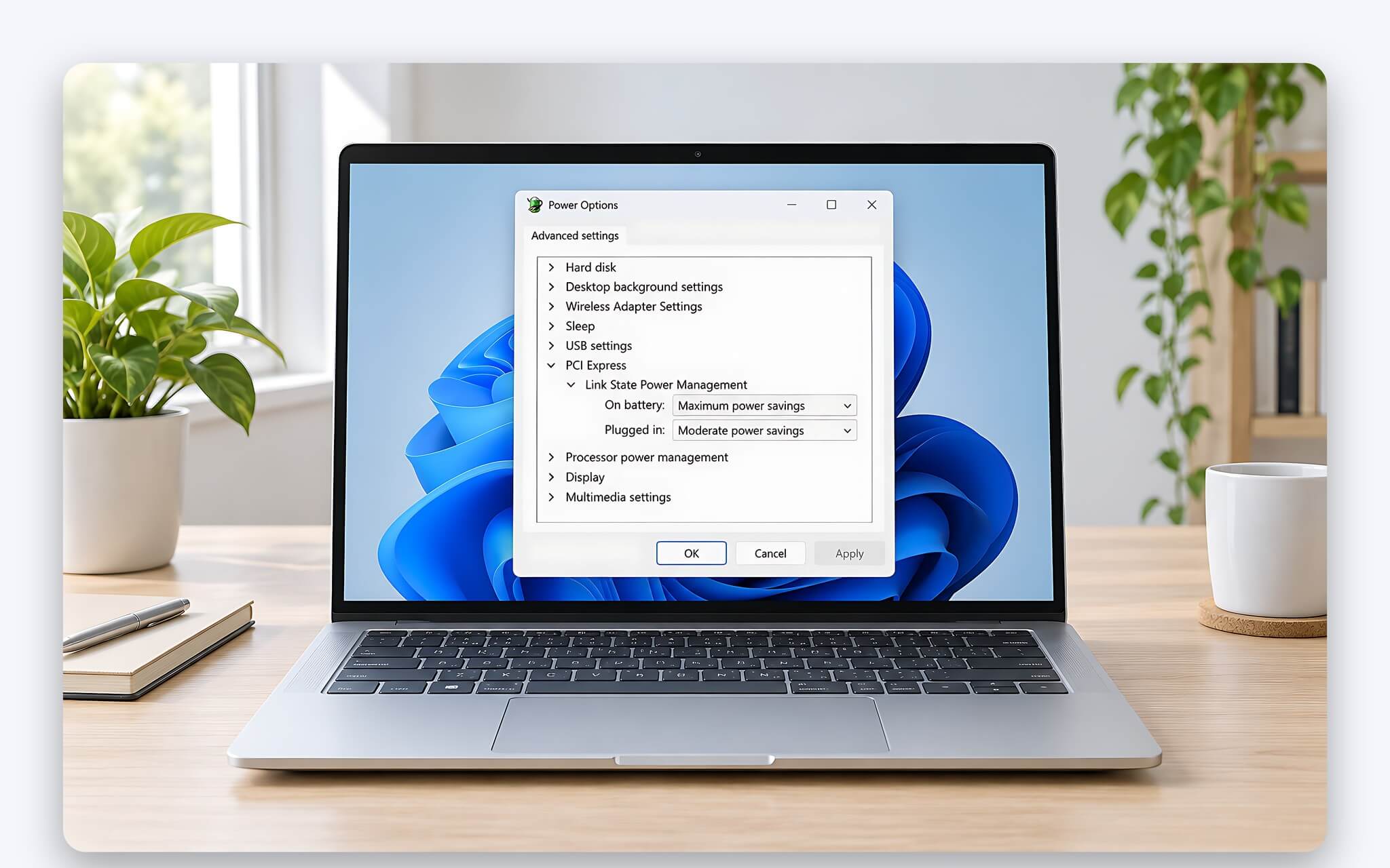 Mục Link State Power Management trong Power Options của Windows dùng để chỉnh ASPM
