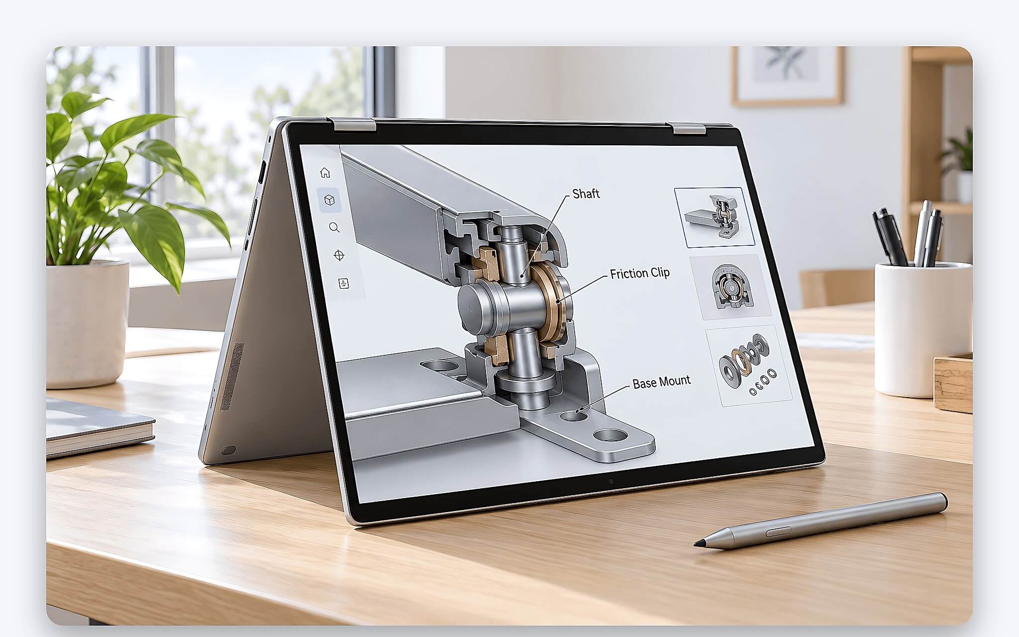 Trục ma sát bên trong bản lề giữ màn hình laptop ở góc mở cố định