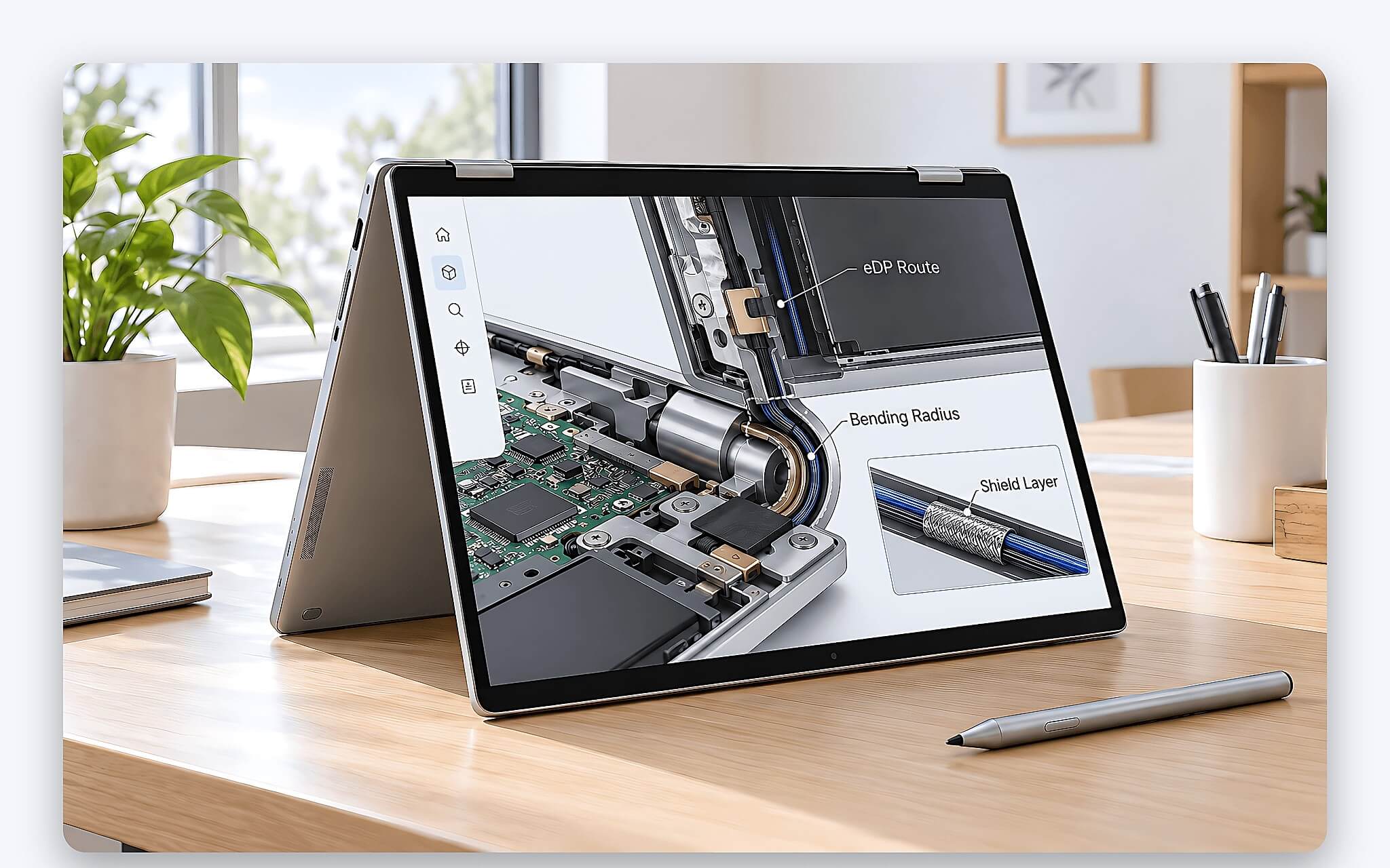 Đường cáp màn hình eDP luồn qua khu vực bản lề laptop xoay gập