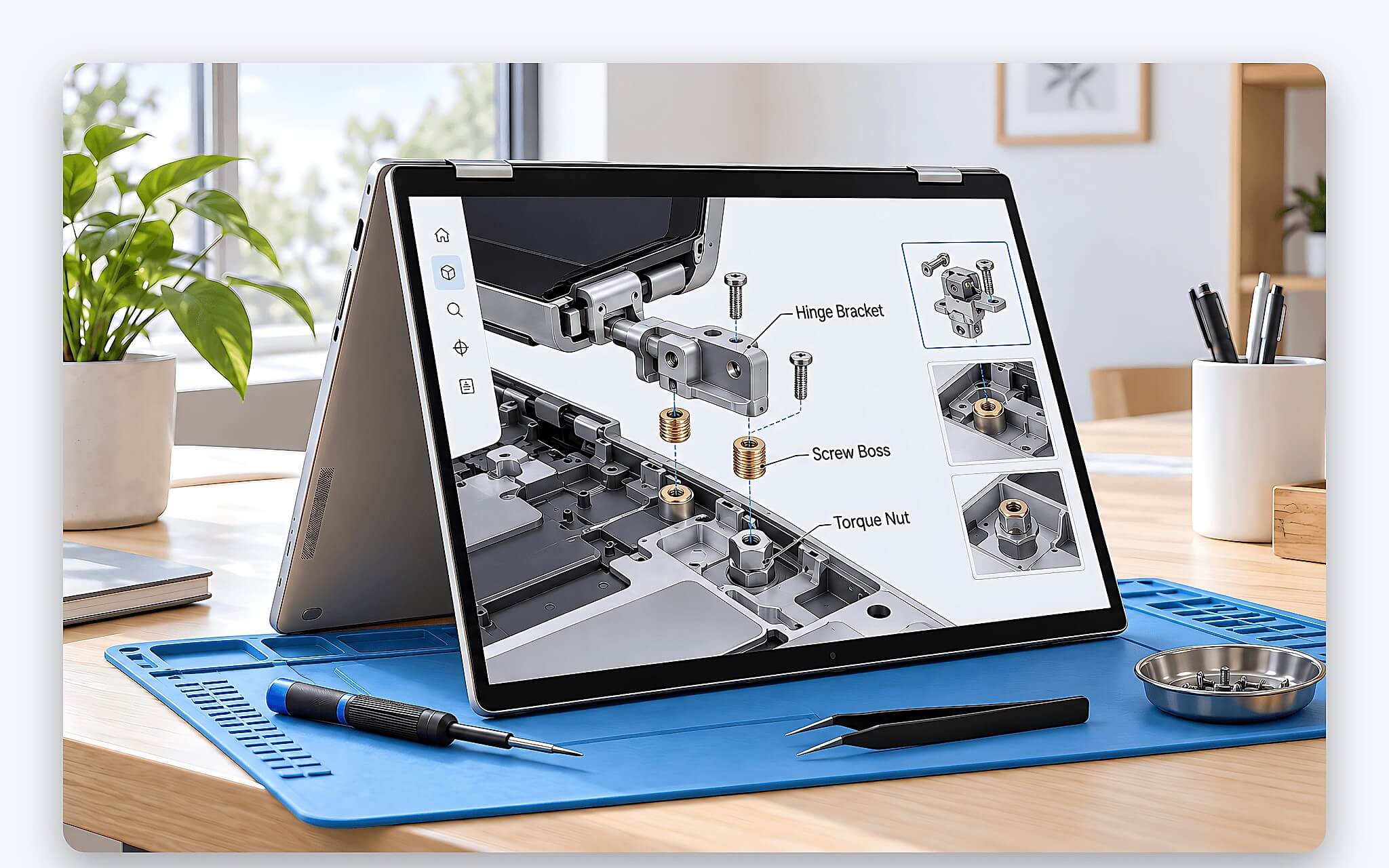 Dấu hiệu lỏng trục và bung chân ốc ở góc bản lề laptop