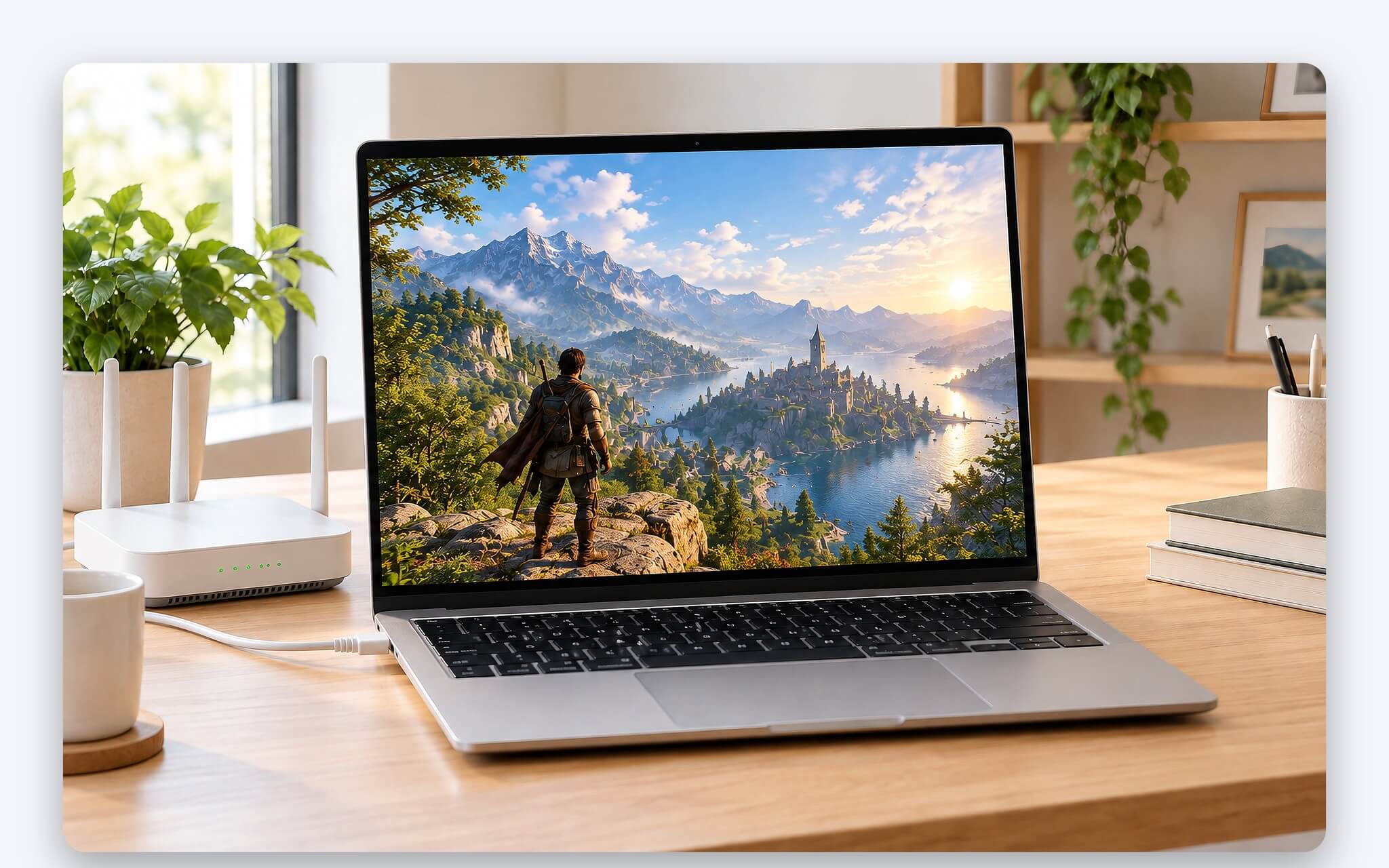 Laptop kết nối dây LAN và Wi-Fi 5 GHz để giữ luồng hình ổn định khi chơi game