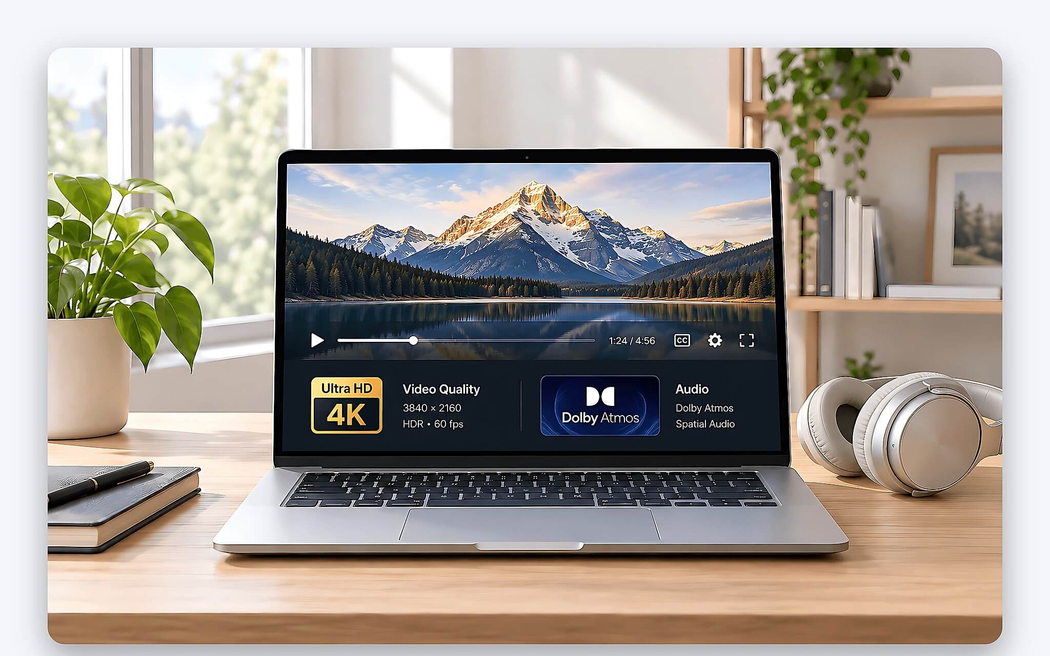 Laptop phát phim có biểu tượng Dolby Atmos cùng tai nghe trên bàn làm việc