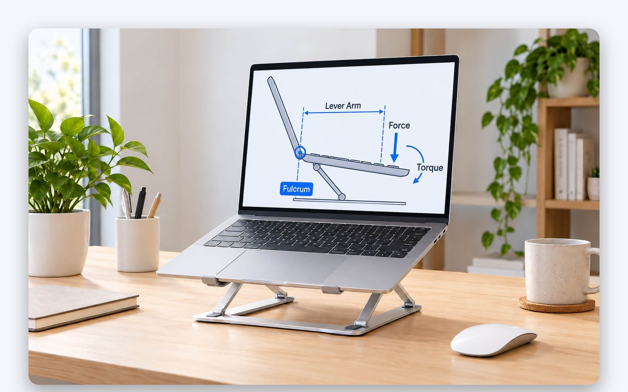 Lực gõ phím tạo mô men lên khớp của giá đỡ laptop đặt ở nấc cao