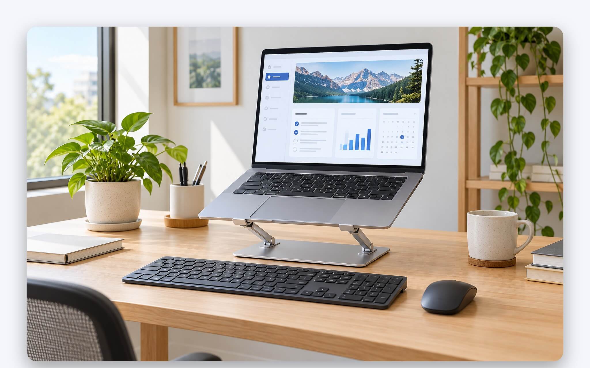 Bàn phím và chuột rời đặt trước laptop nằm trên giá đỡ gấp gọn