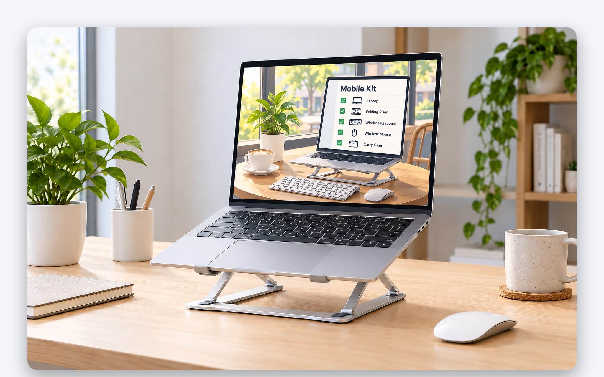 Giá đỡ laptop gấp gọn đặt trên bàn họp, màn hình cách mắt khoảng một sải tay