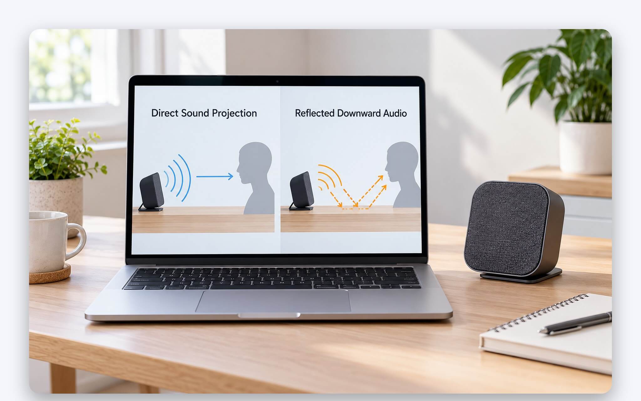 Loa ngoài đặt hai bên laptop trên bàn làm việc để nghe rõ cuộc họp