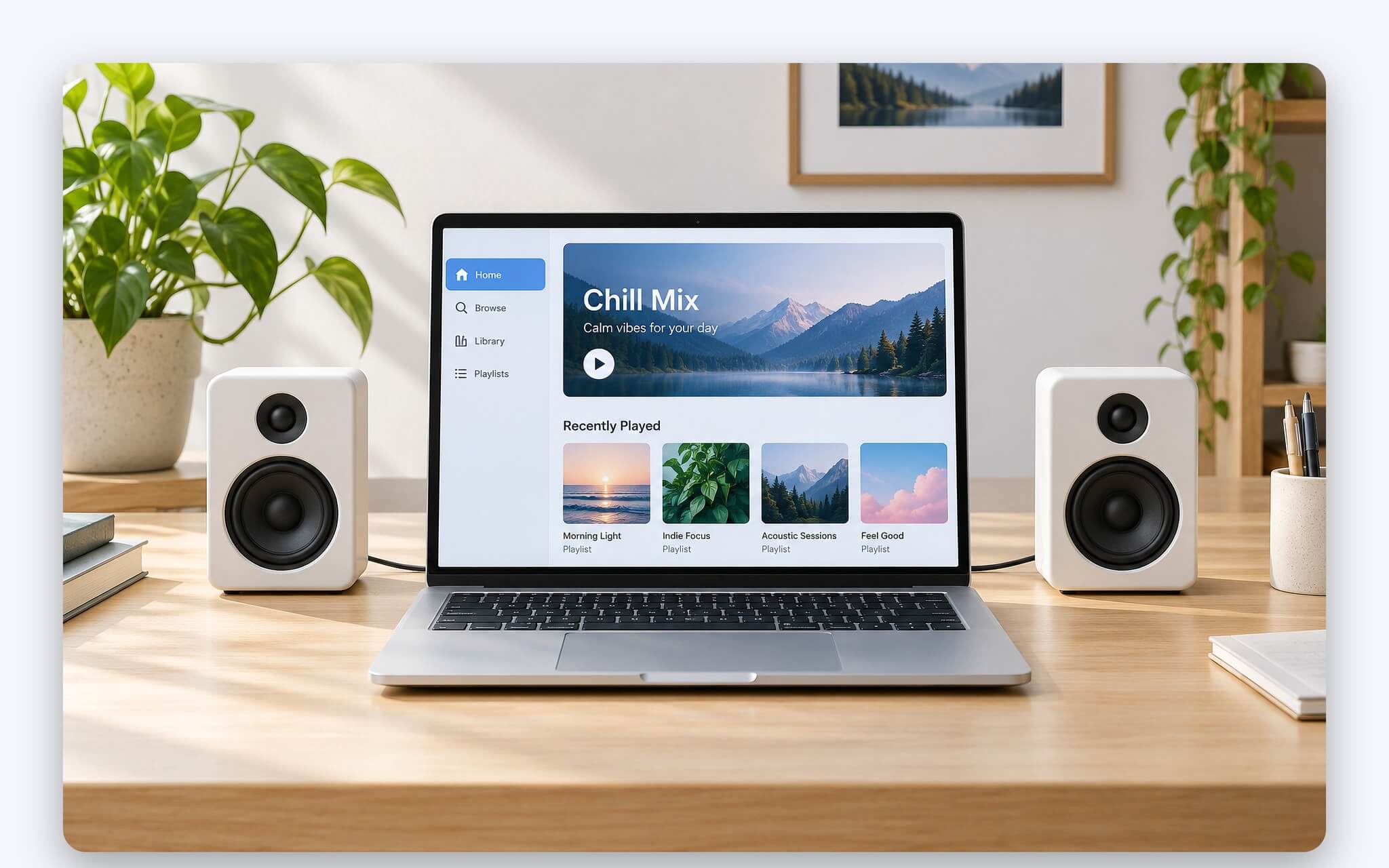 Bố trí loa 2.0 cân xứng hai bên laptop trên bàn làm việc