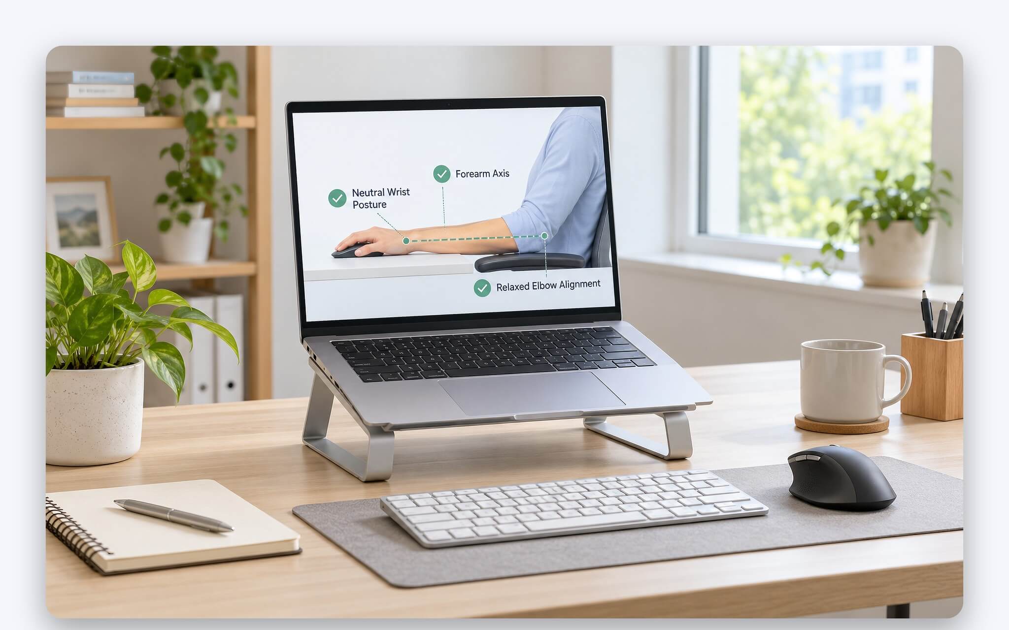 Tư thế cổ tay trung tính khi dùng chuột rời đặt cạnh laptop