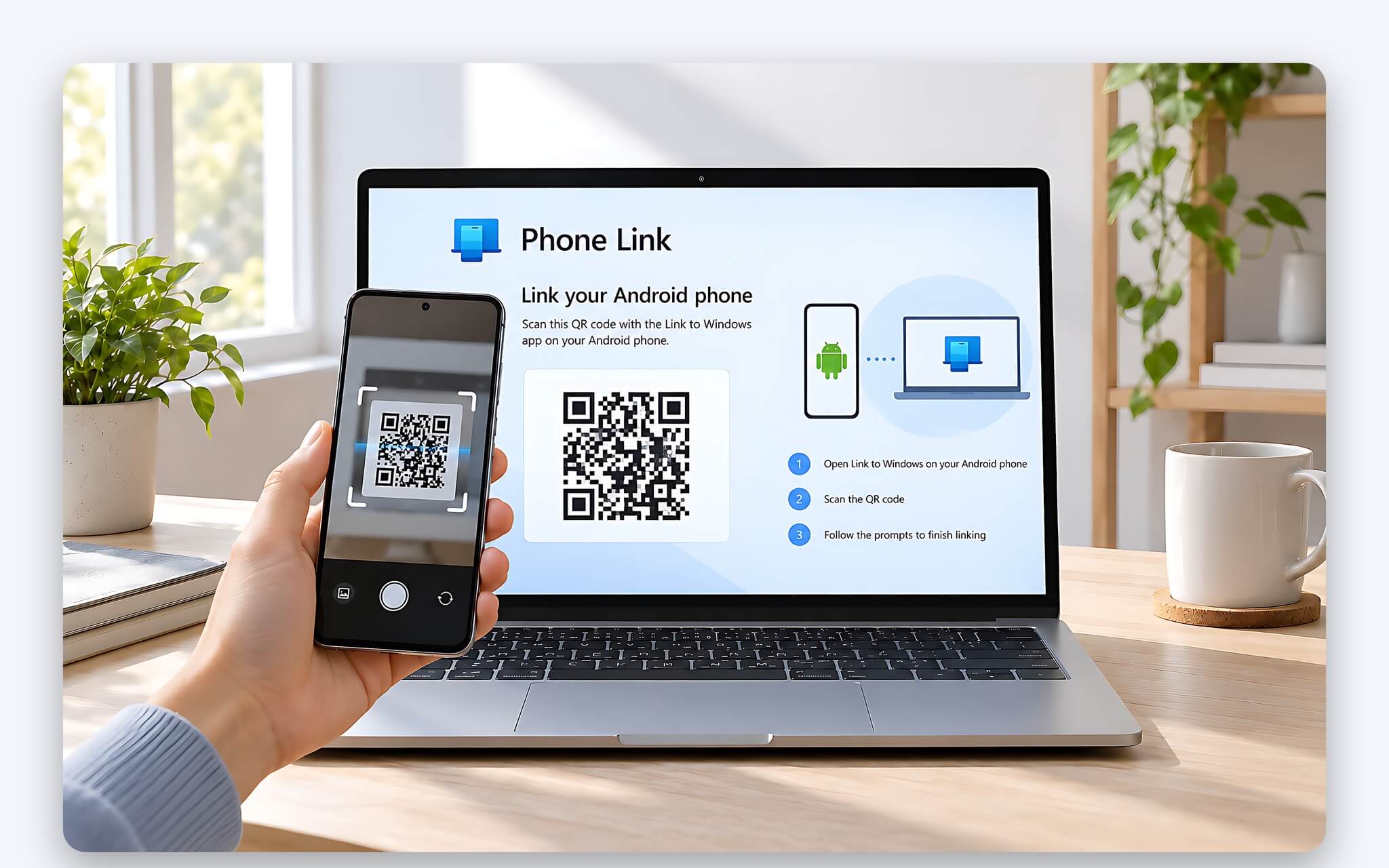 Quét mã QR trên màn hình laptop bằng ứng dụng Link to Windows để ghép đôi điện thoại Android