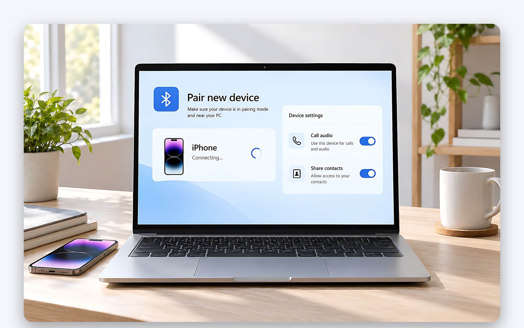 Ghép đôi iPhone với laptop Windows qua Bluetooth và bật quyền thông báo, danh bạ