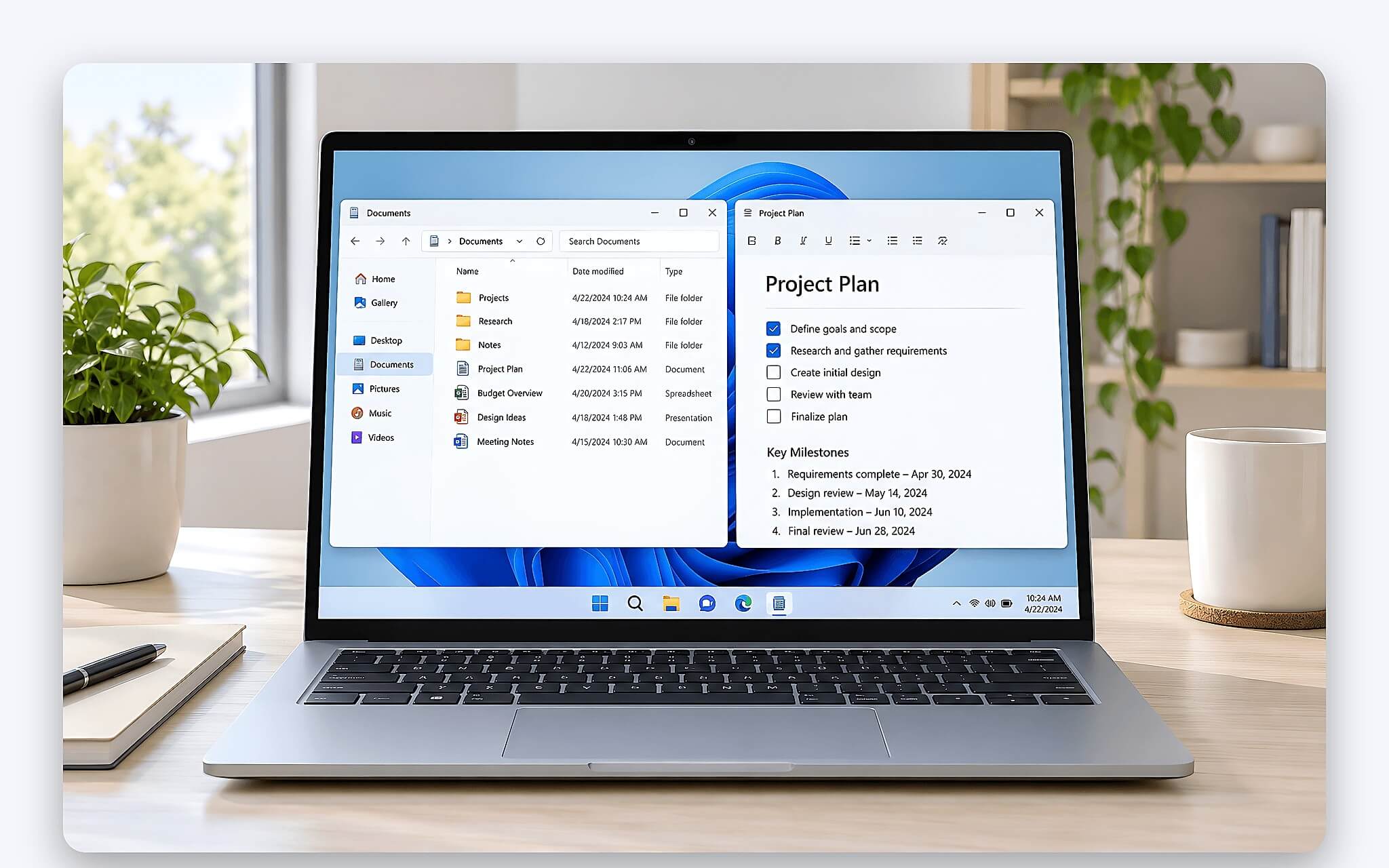 Snap Layouts xếp hai cửa sổ cạnh nhau trên màn hình laptop Windows 11