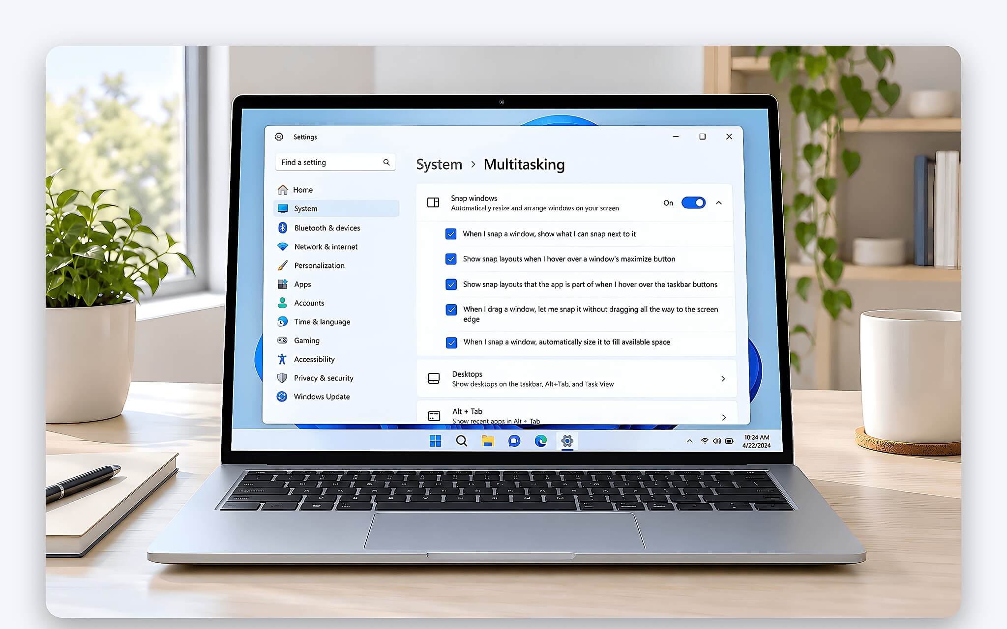 Thiết lập Snap Layouts trong mục Multitasking của Windows 11