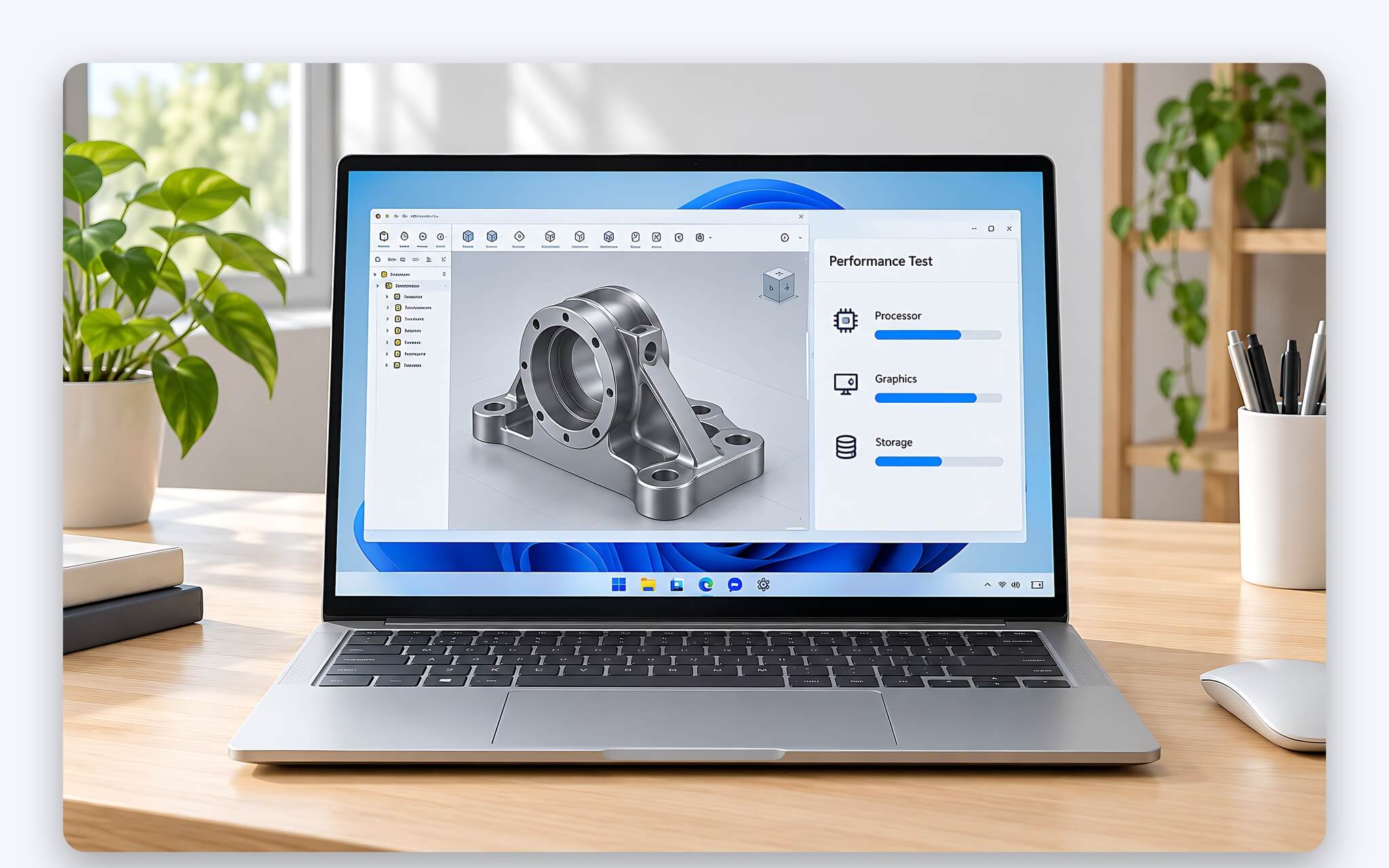 Laptop chạy phần mềm SolidWorks khi xoay mô hình 3D