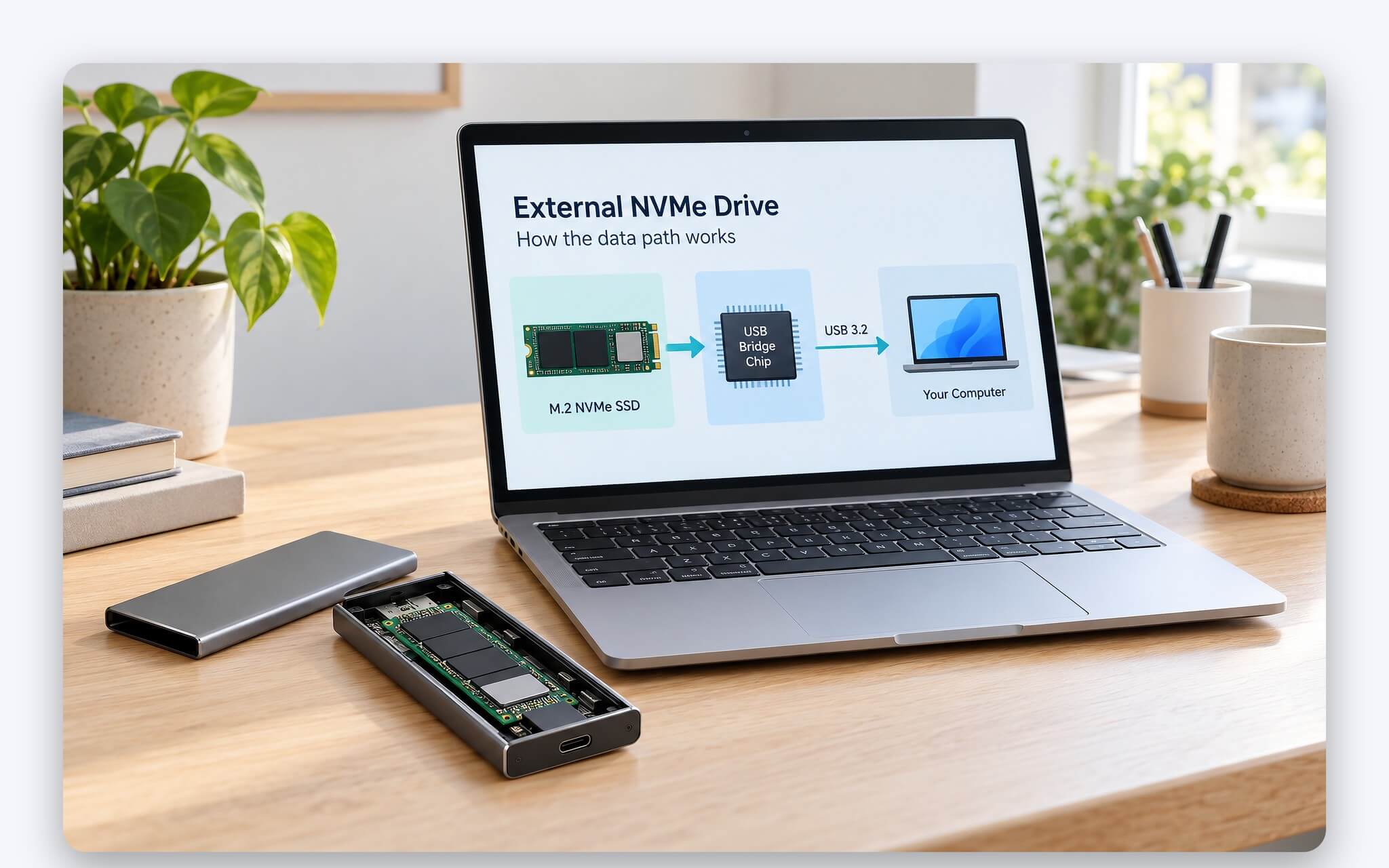 SSD di động gồm thanh SSD M.2 NVMe và chip cầu nối USB đặt trong box