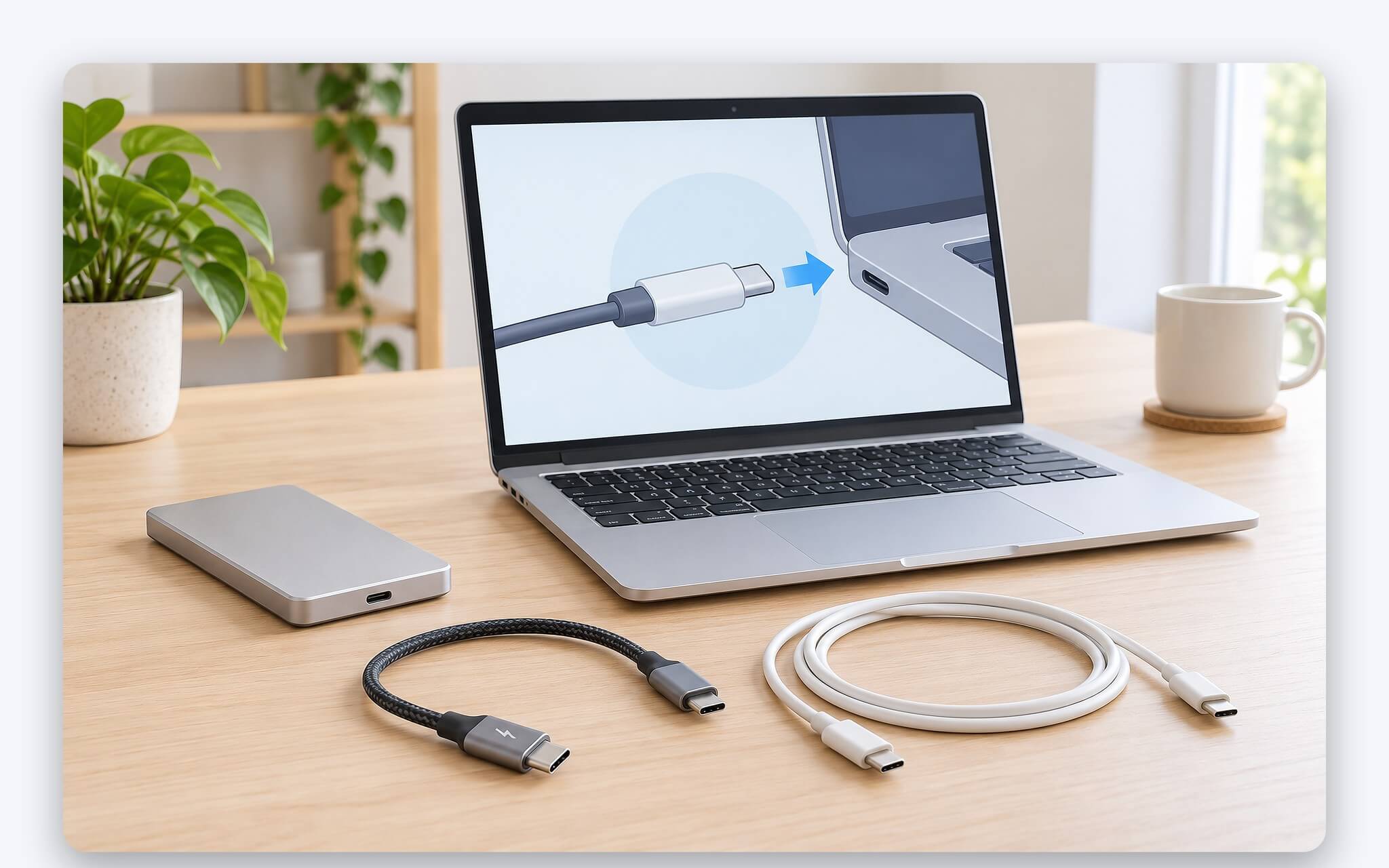 Cáp USB-C có nhãn tốc độ nối SSD gắn ngoài với cổng laptop