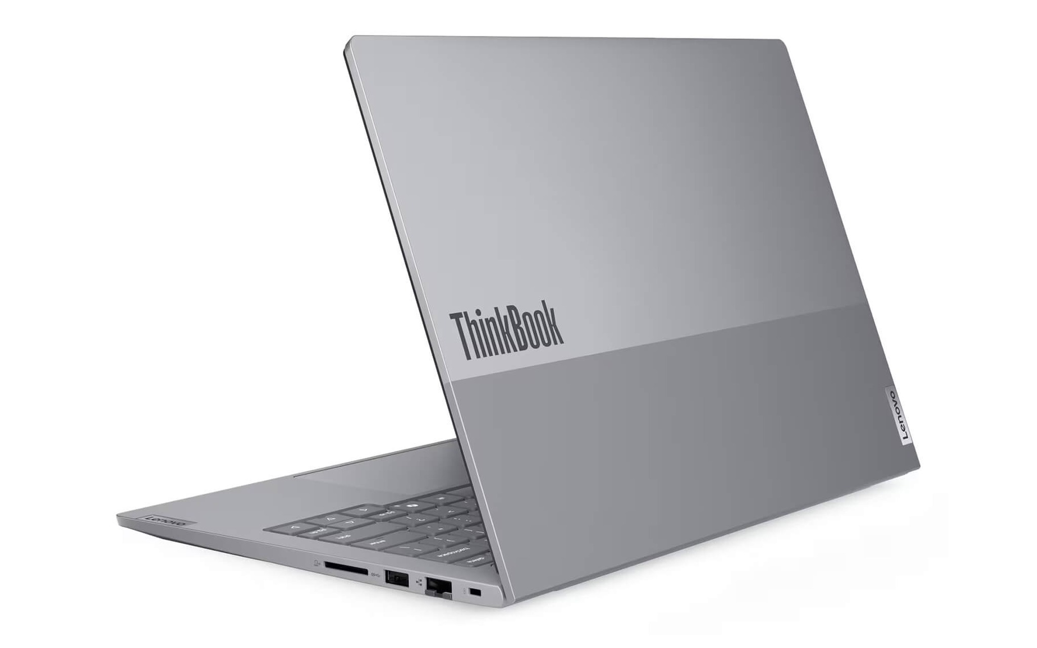 Lenovo ThinkBook 14 G8 IRL (2025) góc sau, lộ khe thẻ SD, cổng USB-A và cổng mạng RJ-45
