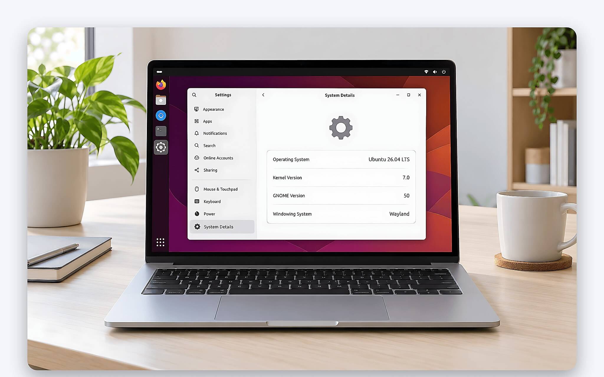 Ubuntu 26.04 với kernel 7.0 và giao diện GNOME 50 trên laptop