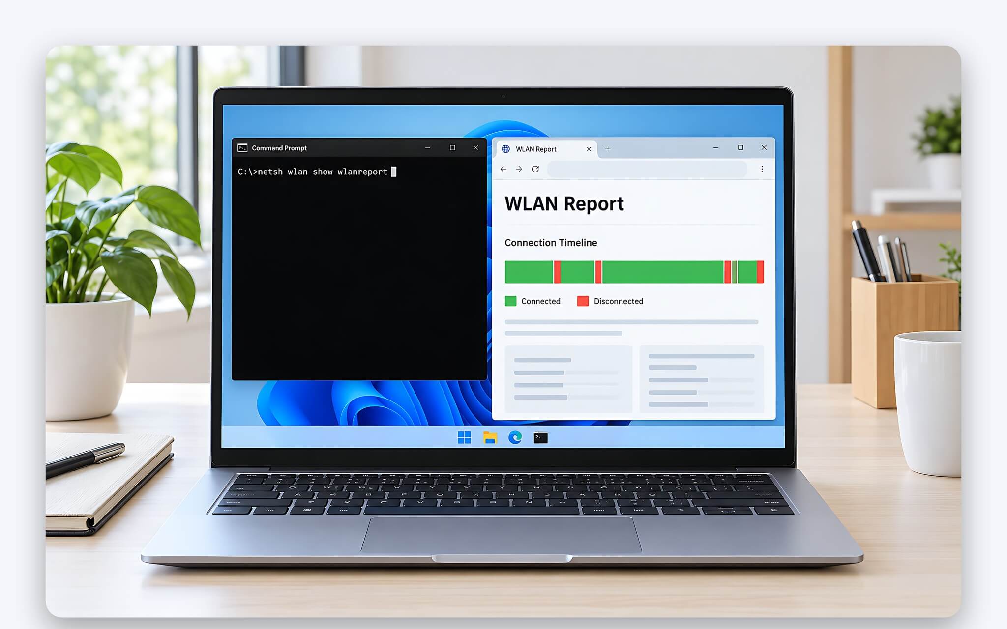 Báo cáo WLAN của Windows 11 mở trong trình duyệt với biểu đồ các phiên kết nối Wi-Fi