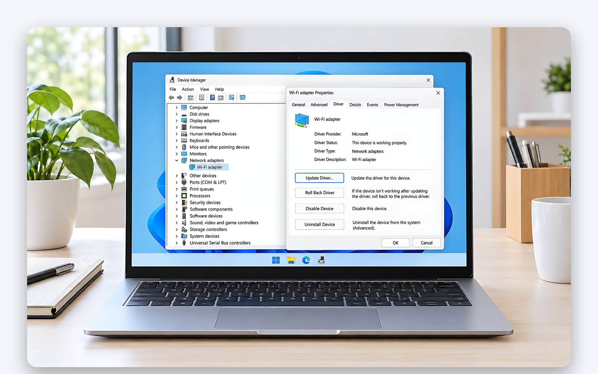 Device Manager trên Windows 11 hiển thị card Wi-Fi khi gỡ và cài lại driver