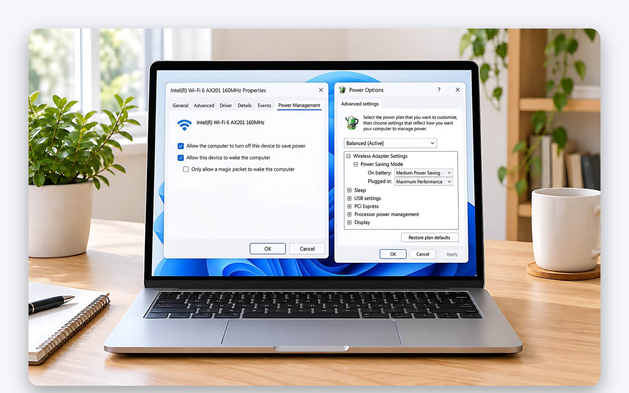 Thiết lập tiết kiệm điện cho card Wi-Fi trong Power Options và Device Manager của Windows 11